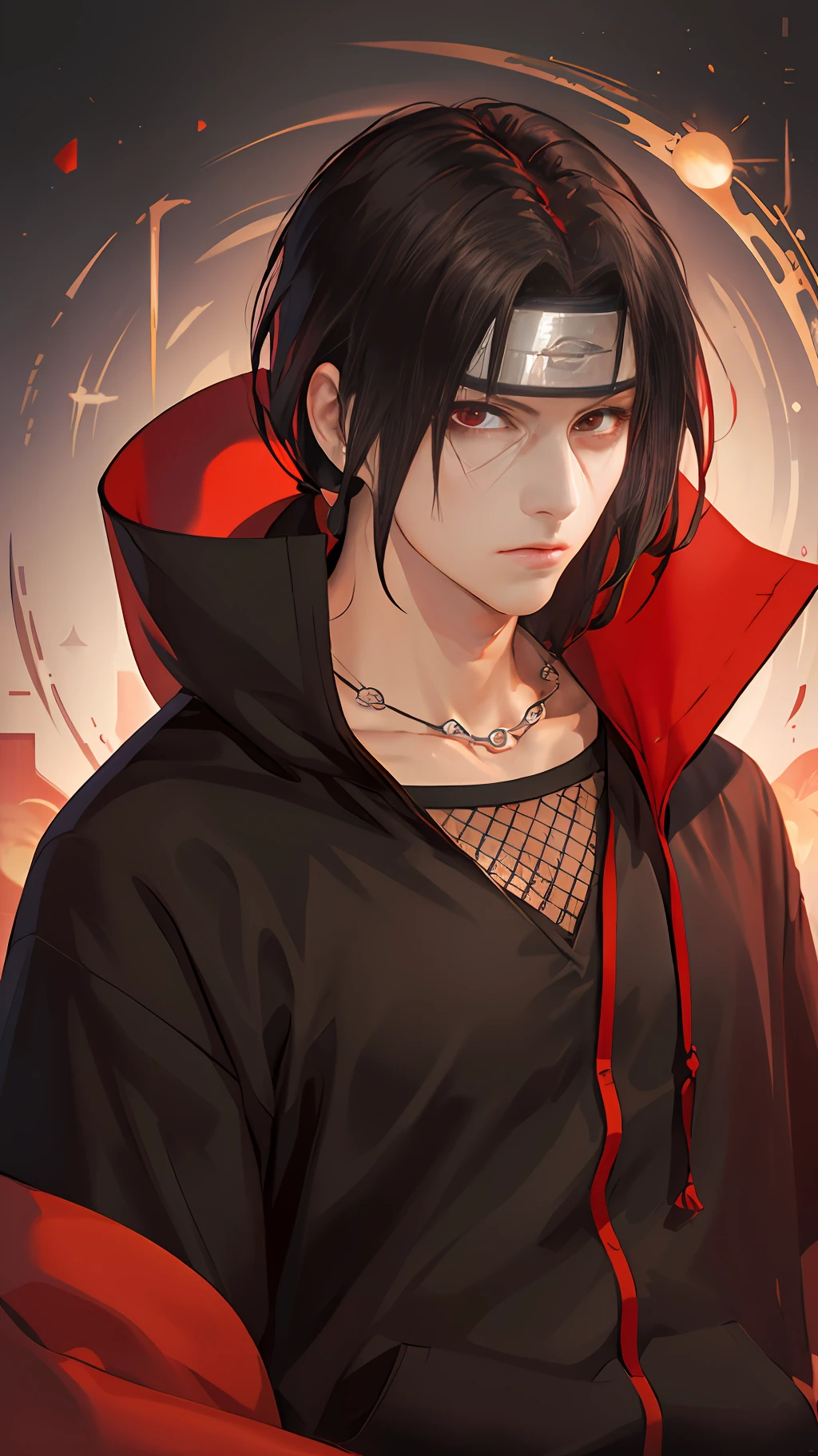 (masterpiece, best quality:1.2), red theme, solo, male focus, 1boy, uchiha itachi, expressionless, closed mouth, looking at viewer, forehead protector, ninja, cloak, high collar, jewelry, necklace