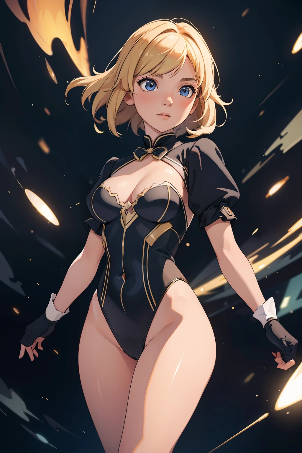 masterpiece), best quality, highly detailed, detailed background, cinematic lighting, outdoor, 1girl, medium hair, medium breasts, leotard, bare legs, matching gloves, light particles. glow, magician, tuxedo, sparkling, blonde hair