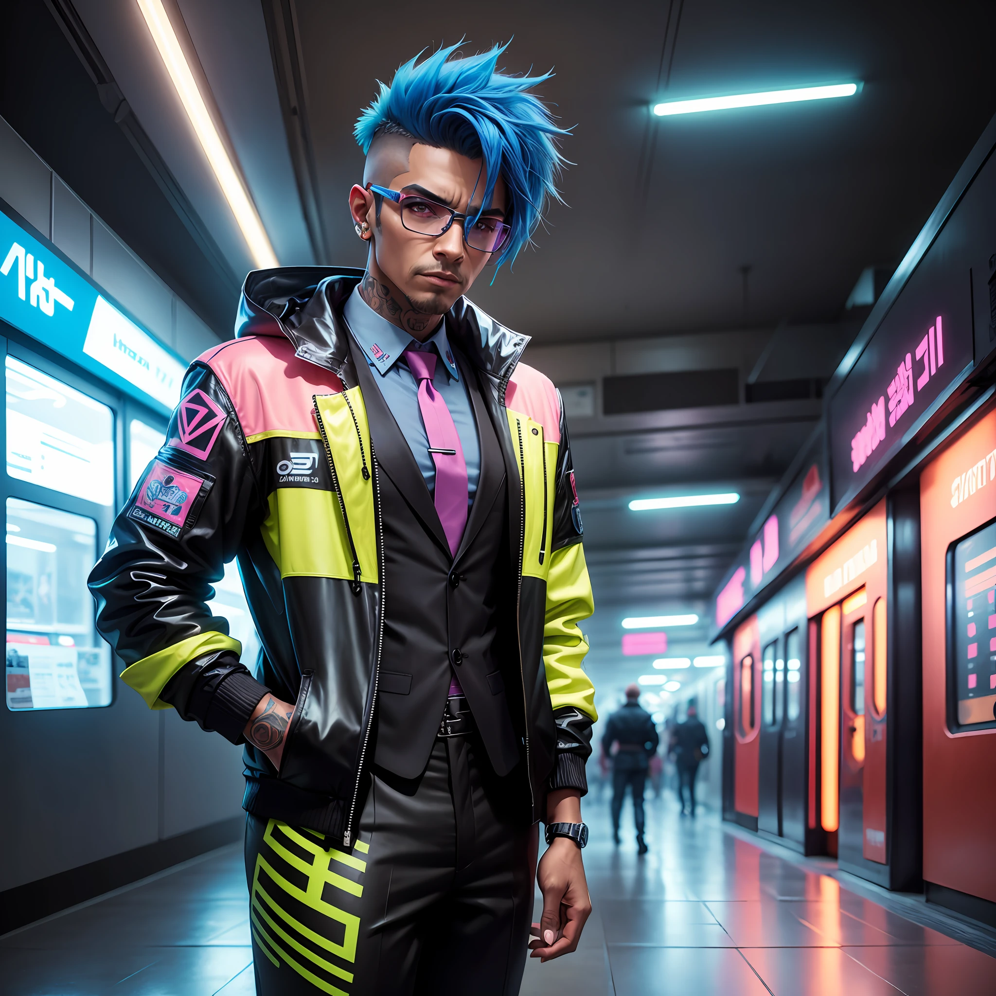 gostaria de uma imagem estilo cyberpunk em 4k de um homem de mais ou menos 45 anos , forte, de pele negra ,com cabelo punk estilo anos 80 na cor azul neon,cabelo azul ,muito eLegante,,  futurista e estiloso neon , com uma tatuagem super colorida e com neon ,Toattoo, oculos futurista,oculos, facing a metro station on the platform , with station lights failing in a dimly lit environment, standing dressed in a dark yellow suit with a pink bow tie