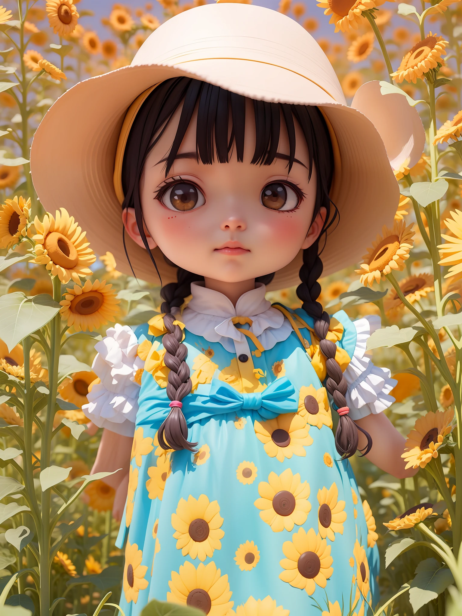 blue open sky　sunflowers fields　Dark hair　high-detail　kawaii　Chibi Chara　Braids　夏天　Gamine　girl with　A dark-haired