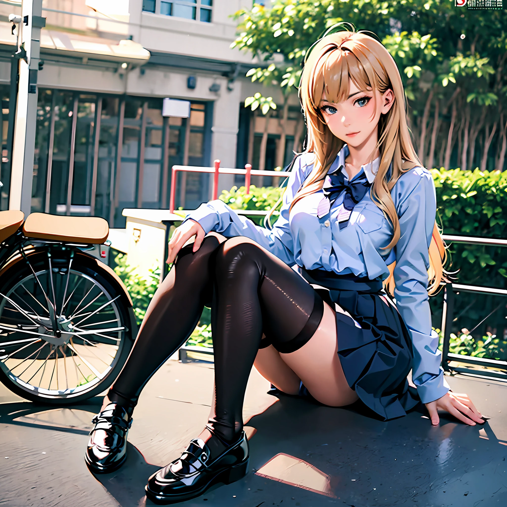 Blonde woman in black stockings and white shirt sitting on the sidewalk, Surrealism female students, Surrealism female students, Realistic schoolgirl, Female Student, sakimichan hdri, of a schoolgirl posing, thighhighs and skirt, Japanese school uniform, cute female student, japanese girl school uniform, misa amane *, wearing skirt and high socks