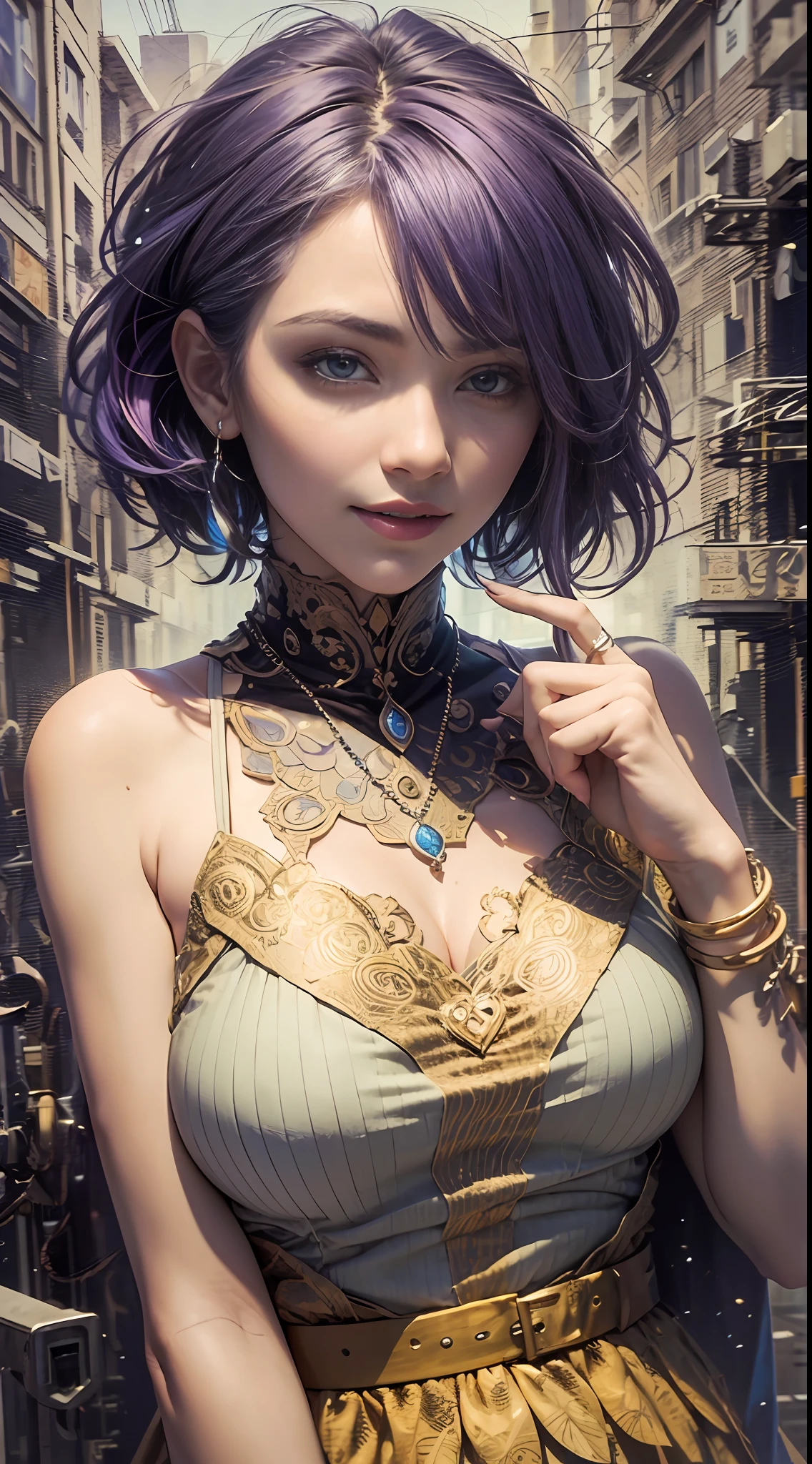 "Garota Girassol. Obra-prima, melhor qualidade, CG extremamente detalhado unidade 8k, papel de parede. Cena: Natureza, cor dos olhos: amarelos, purple hair, sorriso, Accessories purple: kalap, guarda-chuva."