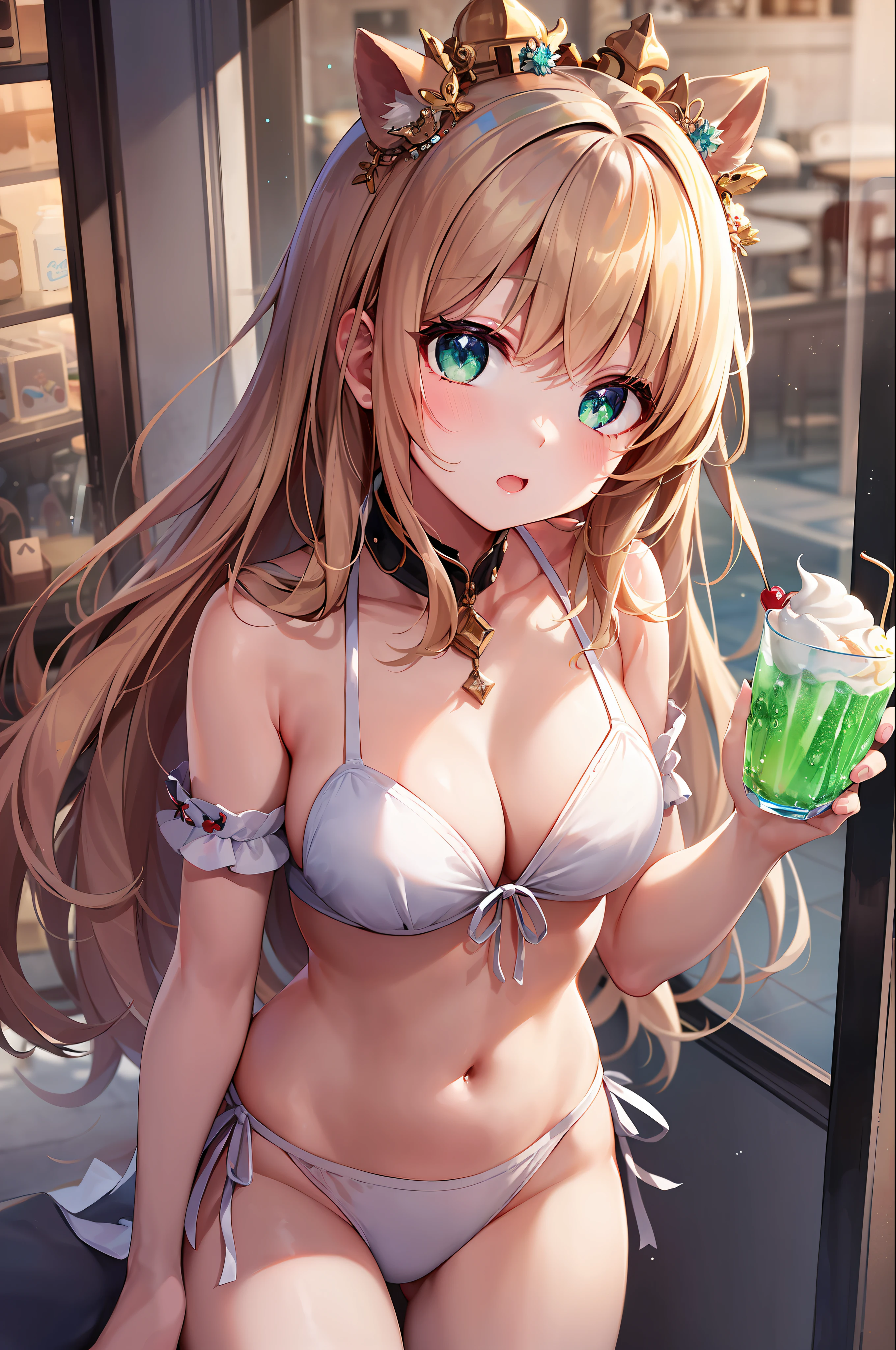 top-quality、Top image quality、8K、Personification of cream soda、Chibichara、(Glass contains green sparkling water.、It is among the girls of the chibi character)、Vanilla ice cream and cherry topping、(Chibichara girl wears vanilla ice cream on her head) Girl is wearing a white bikini
