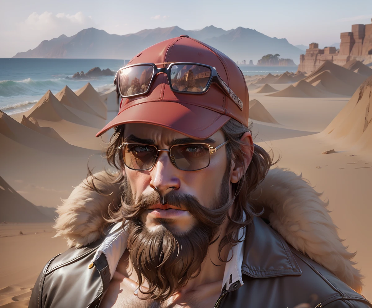 Imagem em 8K,Uplighting,realista,......3d,Heartthrob,modelo,barba modelada, wear sunglasses in brown gradient, Billionaire face,without cap