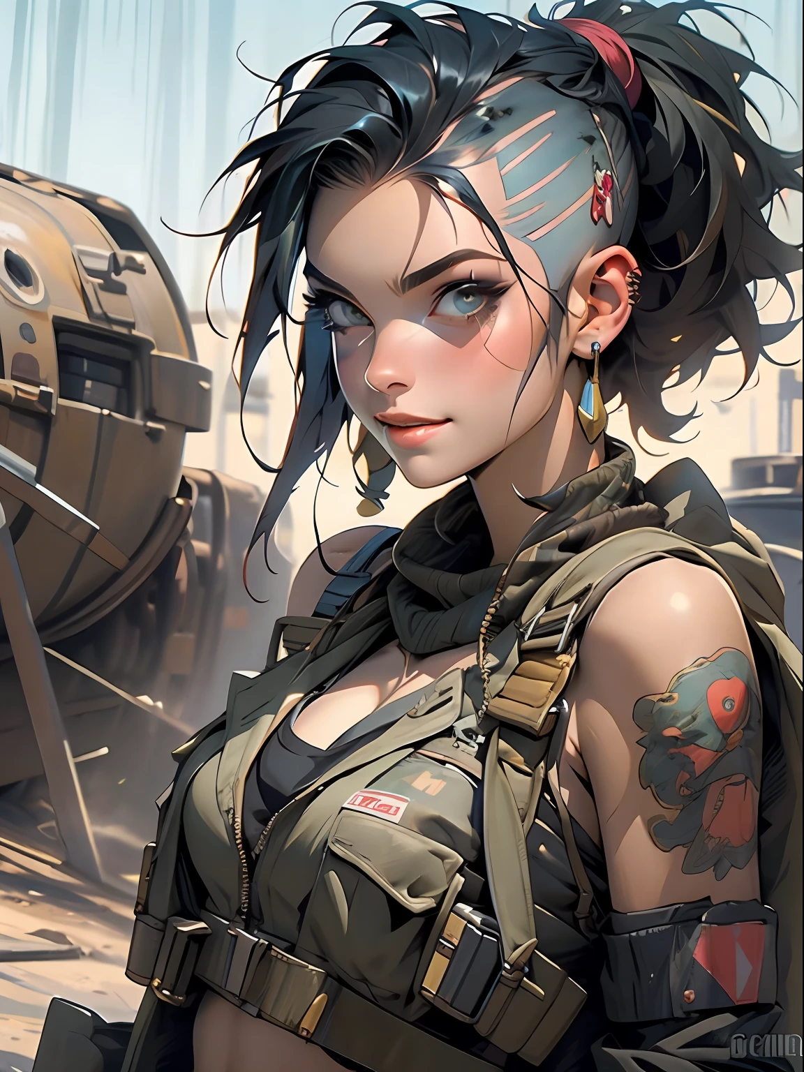 corpo inteiro, master part, best quality, super detalhe, 8k, mulher linda, Tank Girl com cara de maluca, sorriso malicioso , cabelo moicano colorido, garota punk, post-apocalyptic world, (( ****** do tanque )), Nijistyle, roupas rasgadas e sujas, moicano curto, sides of shaved head, rosto limpo