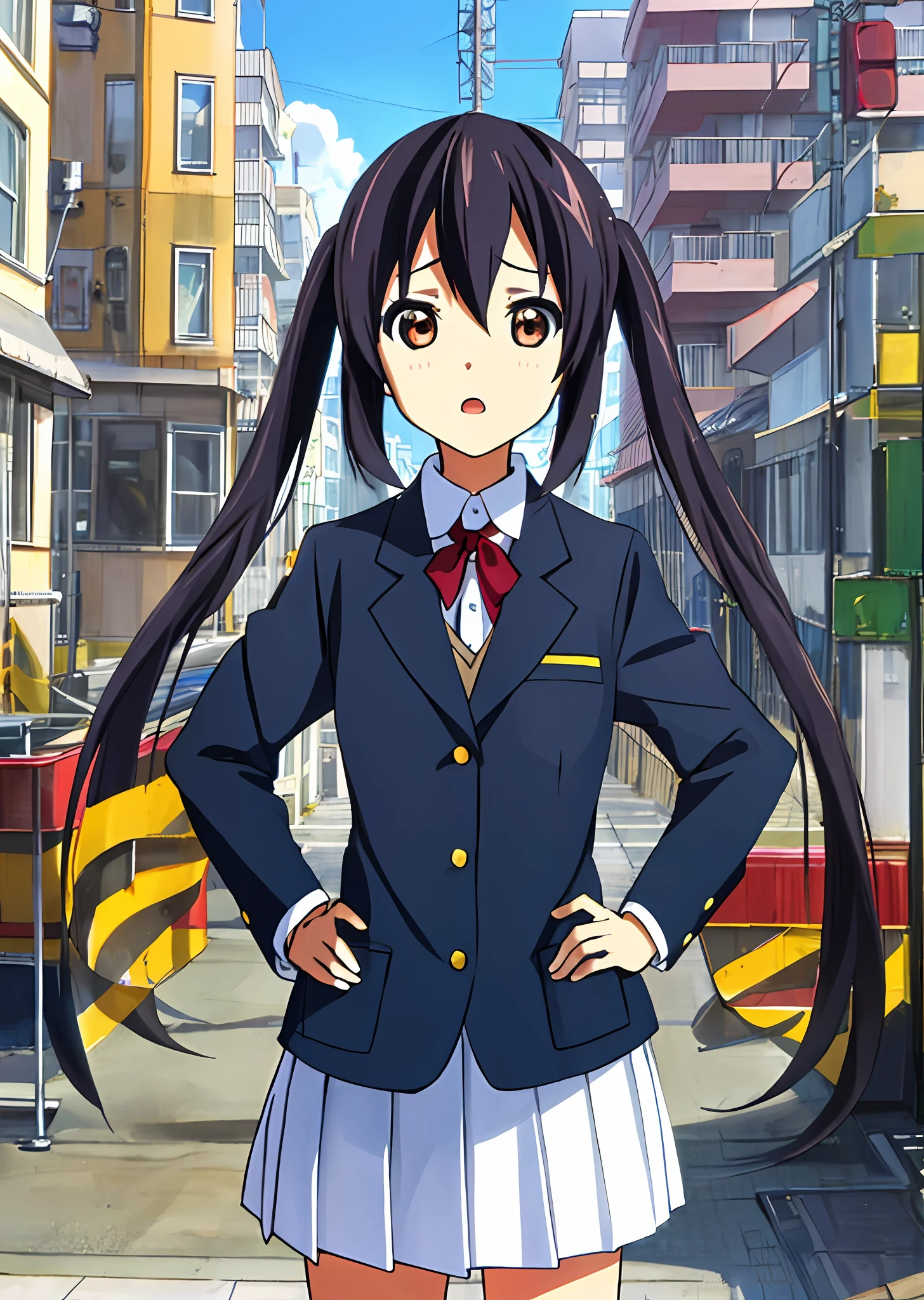 1girl, (((​masterpiece))), top-quality, top-quality, High Details, nakano azusa, 1girl, Sakuragaoka High School Uniform, musical instrument, student clothes, Twin-tailed, length hair, A dark-haired, brown-eyed, 独奏, reddish, Dark blue blazer with thin red ribbon, Solid white buttoned shirt under blazer, illustratio, comic strip, soothing tones, Subdued Color, Soft cinematic light, adobe lightroom, photolab, HDR, intricately and hyper-detailed、(((depth of fields))))。(((​masterpiece)))。(((top-quality))).)((ultra-detailliert)))。(((illustratio)))。(((takeout))).dynamic focus.Medium chest.(((Skyscrapers))).(((A city scape))).(((Face of sadness))). open mouth.(((put hands on the hip))).(((up chest))).