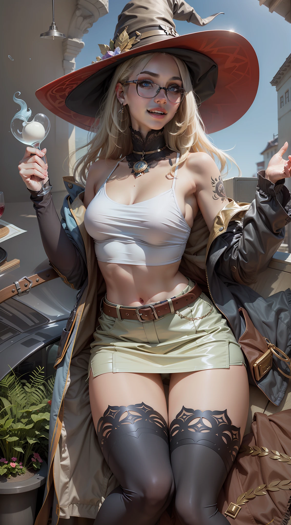 Laughing、Blue eyes、Beautuful Women、the witch、Beautuful Women、Sexy russian woman、Young woman 21 years old、Delicate touch、Realistic as a photo、reallistic、Wearing red glasses、