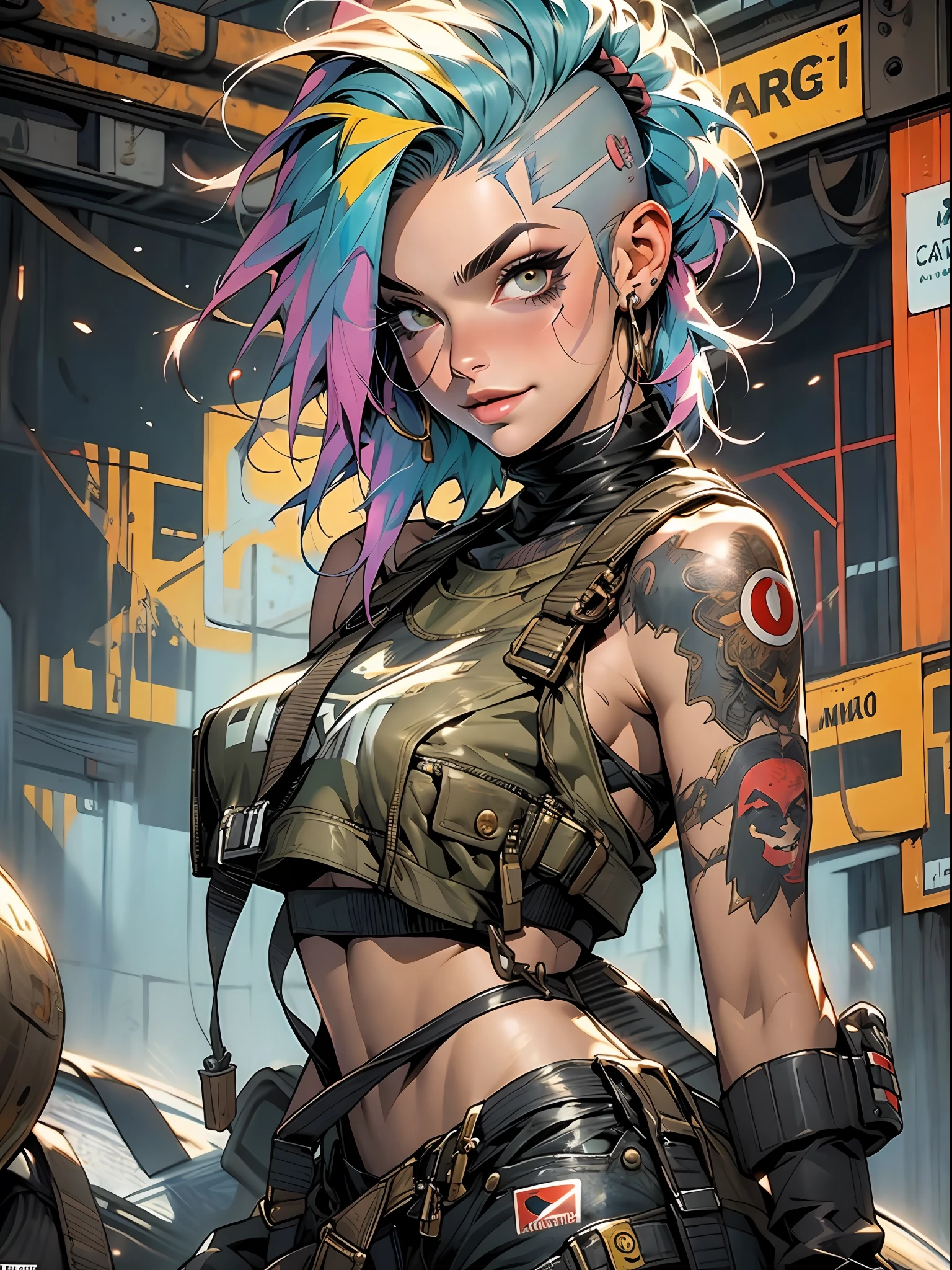 corpo inteiro, master part, best quality, super detalhe, 8k, mulher linda, Tank Girl com cara de maluca, sorriso malicioso , cabelo moicano colorido, garota punk, post-apocalyptic world, (( menina do tanque )), Nijistyle, roupas rasgadas e sujas, moicano curto, sides of shaved head, rosto limpo