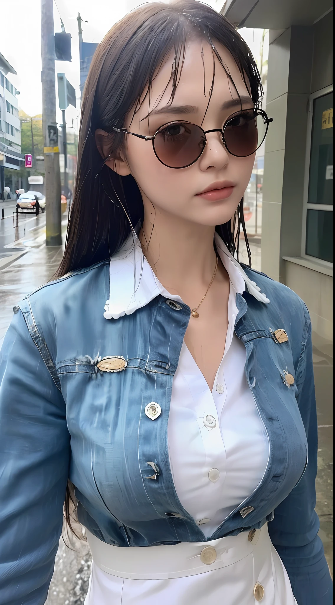((best qualtiy, 8k, tmasterpiece:1.3)), sharp:1.2, perfect figure beautiful woman:1.4, Slim abs:1.2, ((Layered Hair Style, No chest leakage）, (Long shirt with wet white buttons：1.1），（Sateen，the street：1.2），Get wet：1.5，Highly detailed facial and skin texture，A detailed eye，二重まぶた，Look sideways at the camera，wears dark glasses