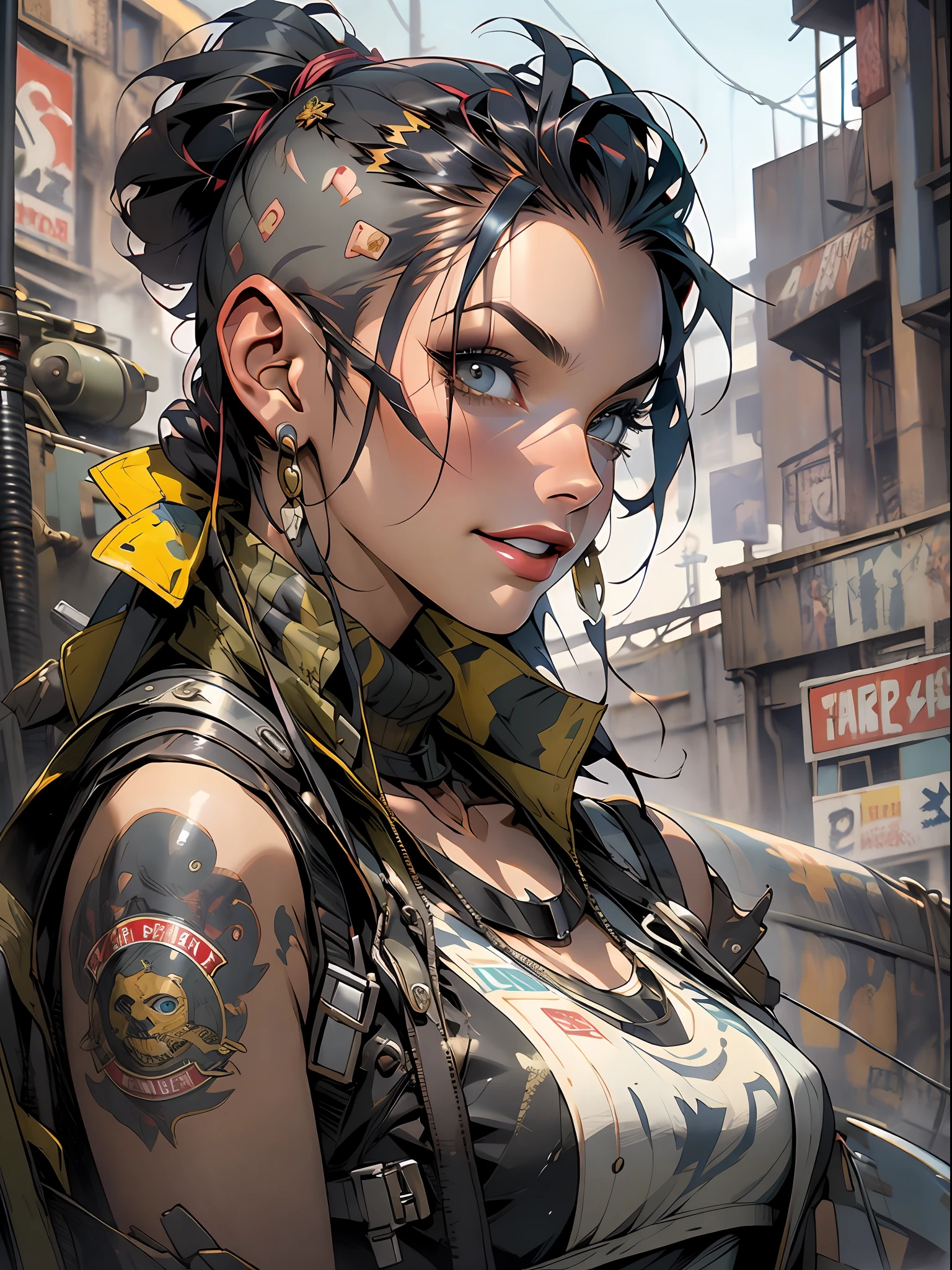 corpo inteiro, master part, best quality, super detalhe, 8k, mulher linda, Tank Girl com cara de maluca, sorriso malicioso , cabelo moicano colorido, garota punk, post-apocalyptic world, (( ****** do tanque )), Nijistyle, roupas rasgadas e sujas, moicano curto, sides of shaved head, rosto limpo