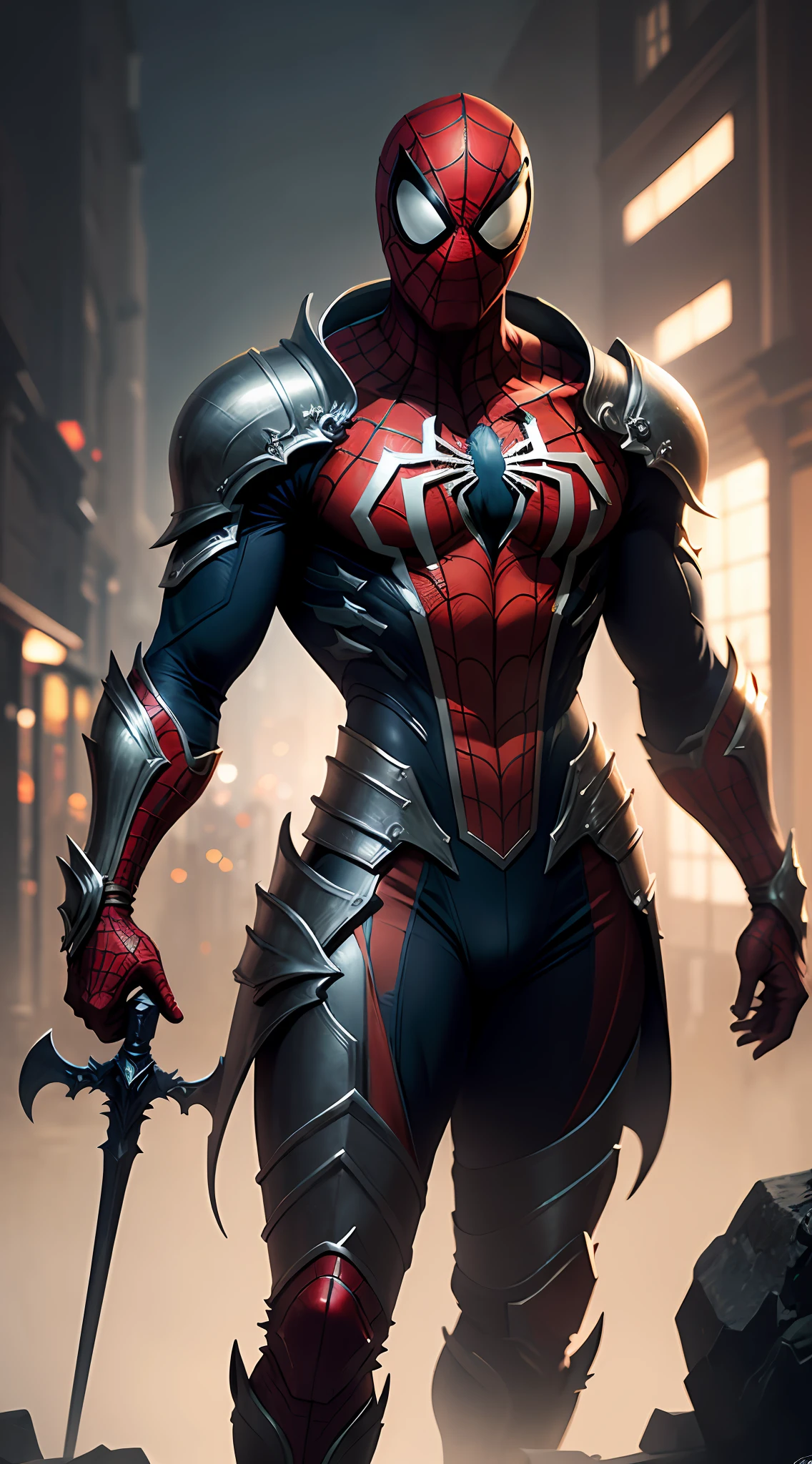 midjourny-v5 style "ANCIENT SPIDERMAN, (Best quality),(masterpiece),(ultra detailed),(high detailed),(extremely detailed),God holding a giant sword in his hands, high fantasy, cosmic, cosmic effects, big impact, 4k, dark souls, luxurious detailed character art, ultra realistic, 32k, ,luxurious cinematic colour quality, unique and mesmerizing armor. --auto
