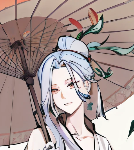 anime image of a woman with a parasol and a flower in her hair, onmyoji portrait, onmyoji detailed art, white haired deity, onmyoji, heise jinyao, zhongli from genshin impact, keqing from genshin impact, inspired by Guan Daosheng, sage ( valorant ), inspired by Huang Shen