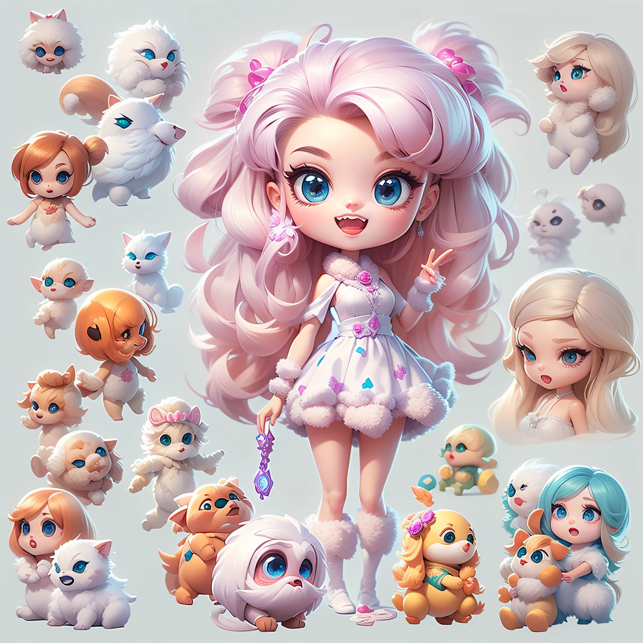 Masterpiece,High Quality,High resolution,The highest resolution,White background,solid color background,transparent background,no background,remove background,Complicated details,Highest quality,game icon,game icon institute,cartoon_style,full body,Cute Fluffy Barbie Monster,all separated