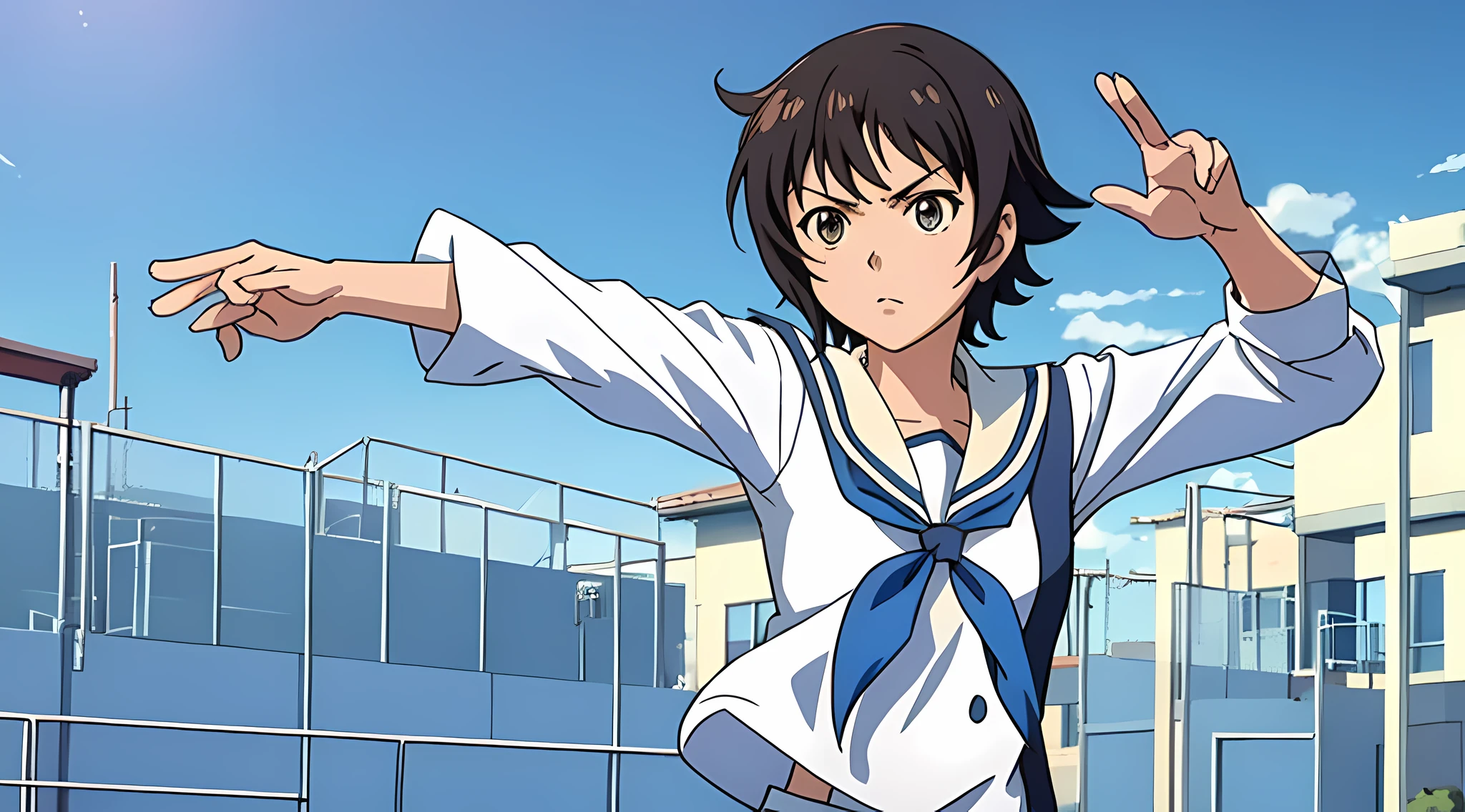 Shinkai Makoto style, 9 year old girl,pleasant
sailor suit,Randoseru
schoolyard,
