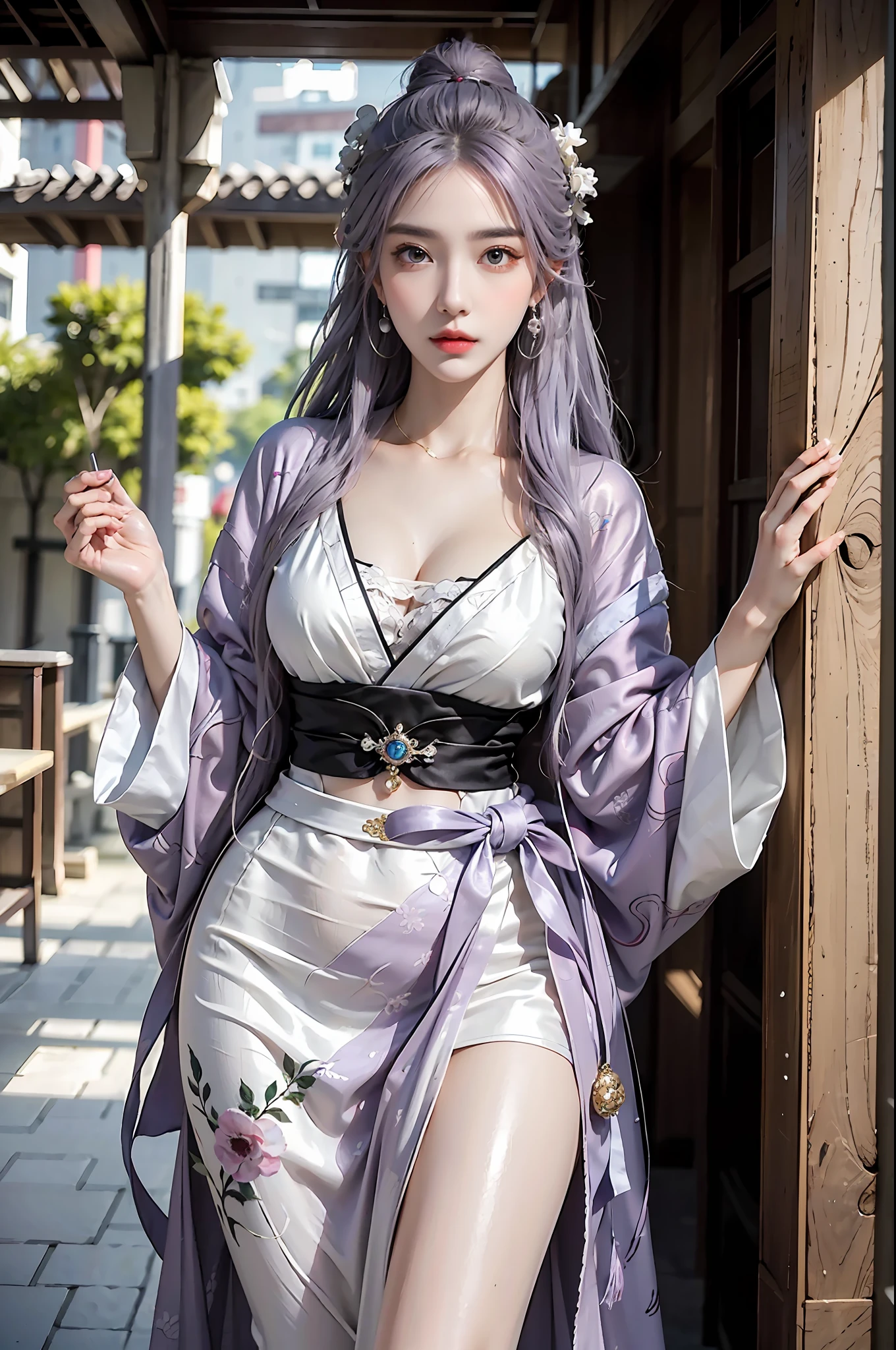 photorealistic, high resolution, 1 girl, hips up, beautiful eyes, light purple hair, intricate brocade hanfu, gorgeous accessories, wearing pearl earrings