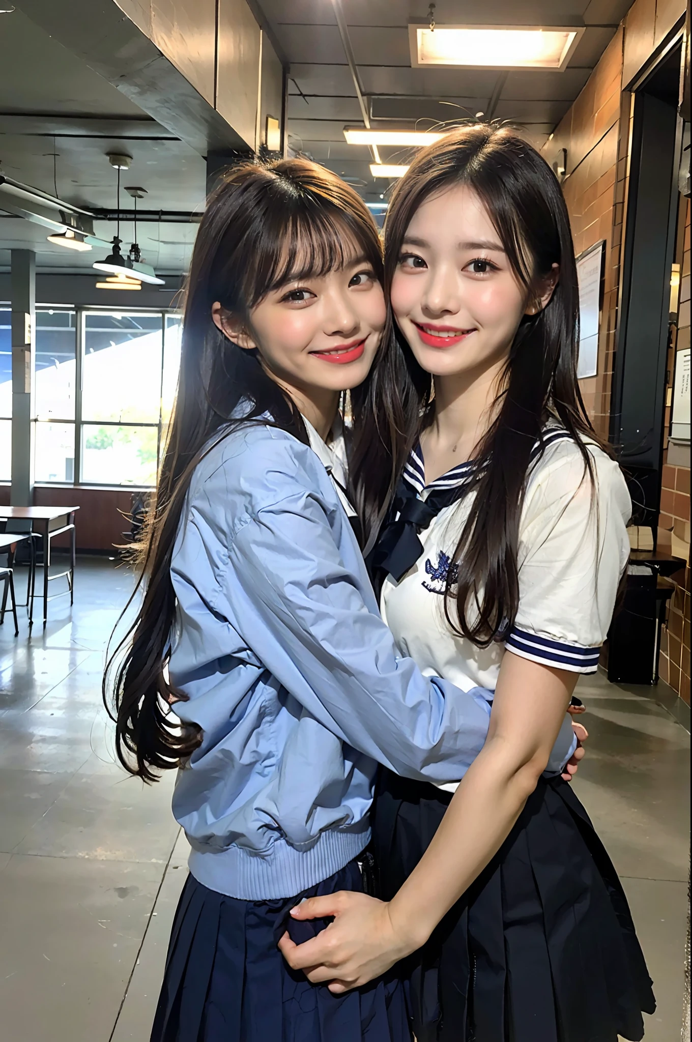 (8K、Raw photography、top-quality、​masterpiece:1.2)、ultra-detailliert、ultra res、(Super realistic photos)、ultra-detailliert、ultra res、(realisitic、Real Photographics:1.47)、（Hugging each other）Leaning closer、((Purple indirect lighting)）Hugging、、de pele branca、Fair-skinned female proofreading、An ultra-high picture quality、Stylish lighting、Beautiful female proofreading reflecting in light、amazing detailed、Beautiful girls in very detailed、Faces with different patterns、Different face patterns、Each hairstyle has its own characteristics、Farbe々Hairstyle、Farbe々Hair color、Circle of Angels、Having a conversation in a classroom at school、Brown hair shining in the light、One has a ponytail、、Modern cute high school girl、very detailed faces very detailed eyes、Very realistic skin、 extremely detailed fingers, highly detailed nose, highly detail mouth, perfect anatomia, Highly detailed sailor suit、highly detailed back ground,After school、Smiling school girls are gathered in the hallway of the school。They are hugging each other in uniform、Light from bright windows illuminates the classroom、The details of their hair and uniforms shine through.。, famous Japan idol, cute little, Realistic body, de pele branca, glistning skin, Slim body, Long straight hair, (Blunt bangs:1.2), two young women in school uniforms hugging each other in a hallway, two japanese schoolgirls posing, nixeu and sakimichan, TWICE, Seifuku, sakimichan, JK Uniform, wearing japanese school uniform,