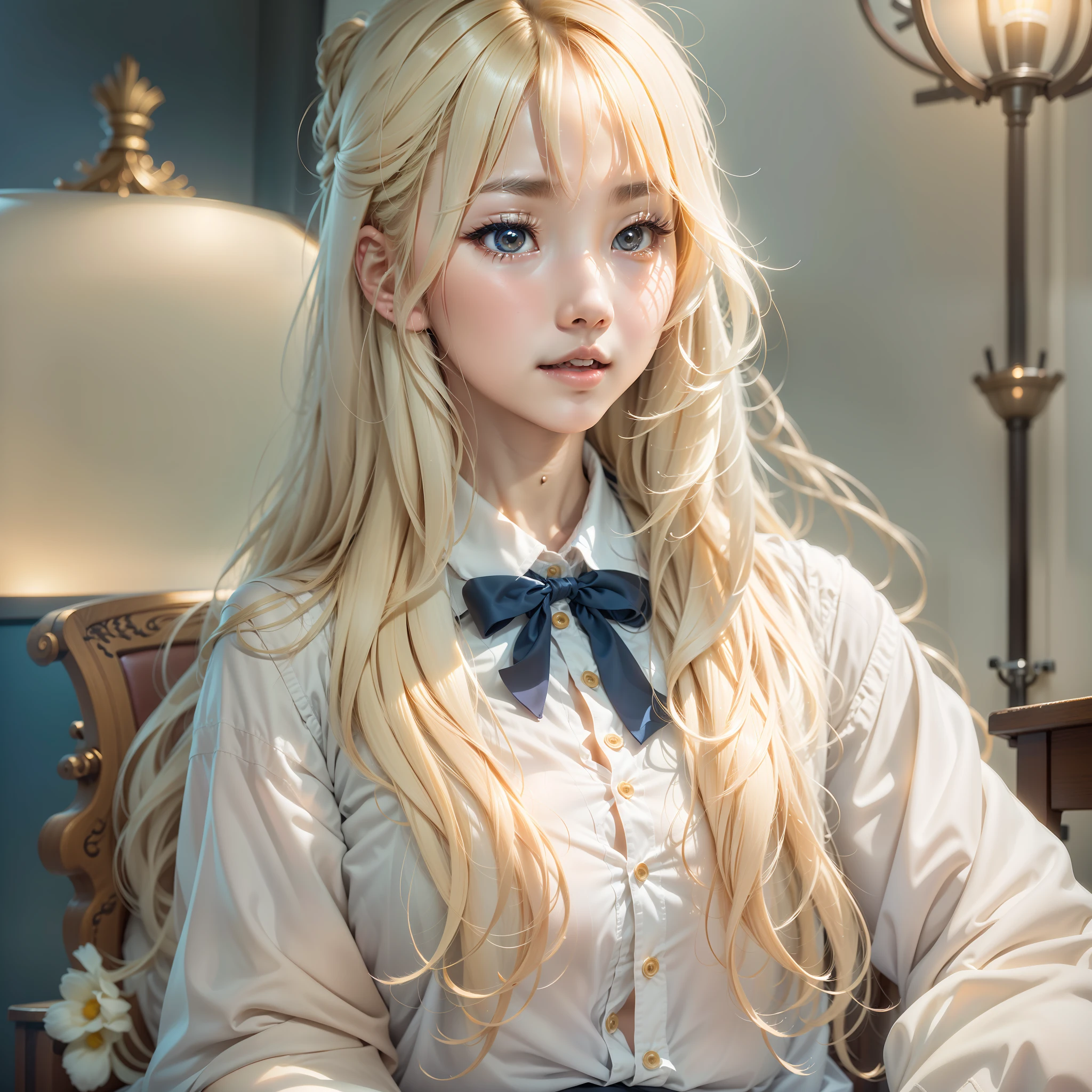 ChineseGirl，18yr old，blond hairbl，long whitr hair，By bangs，White color blouse，blue bow，Brush your hair with your hands，Black eyes，in a school，Luxurious bedroom，sit on chair， lamplight
