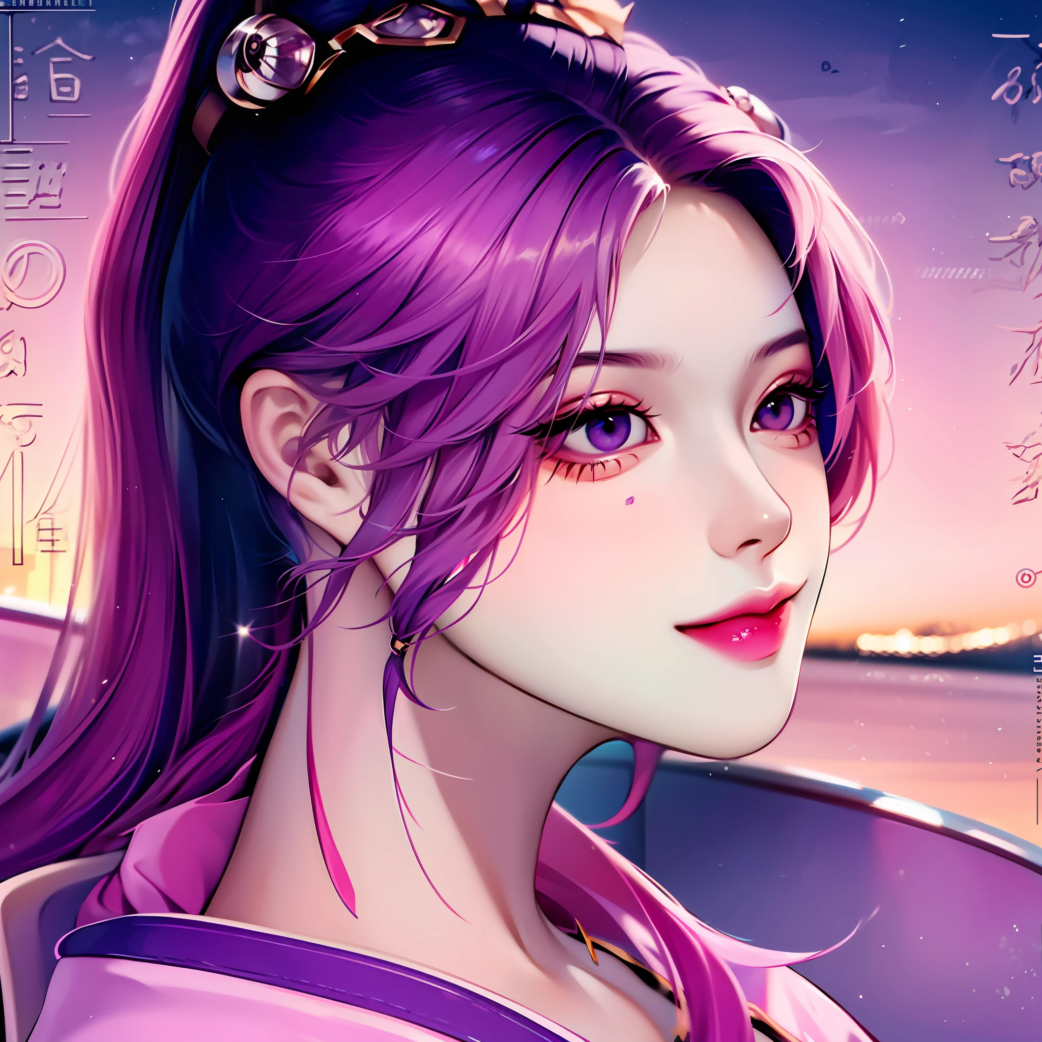 modern day，Smile back，Pure girl，High ponytail，youthfulenergy，Modern streets，The girl wears purple，Picture purple tone，The center of vision is a girl，Best image quality