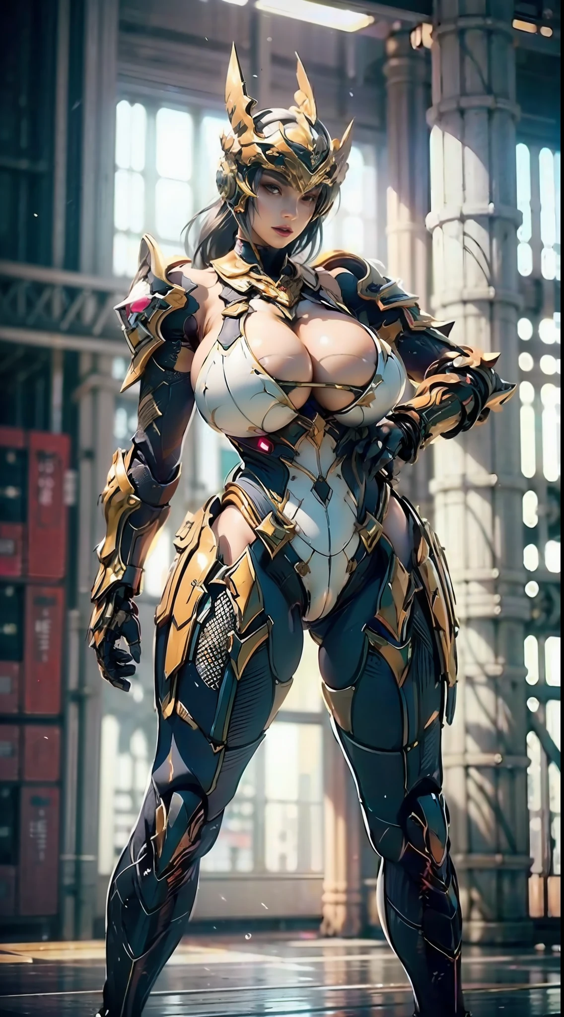((Unreal Engine 5)), Realistic Rendering, Excellent, (Full bodysuit:1.2), (breastplate), (helm), looking on camera, 1girl standing on studio, beautiful face, (kpop makeup), CGImix, (photorealism:1.2), ultrarealistic uhd face, (huge fake boobs:1.4), (gigantic breasts:1.1), (muscle abs), (big butt), (wide hips), (thick thighs), slim waist, hourglass figure, half body, ((glowing skin)), ((shiny skin)), Realistic perfect body, ((she is sexy body)), ((clean skin)), photorealistic, bokeh, motion blur, masterpiece, highres, 1080P, super detail, textured skin.