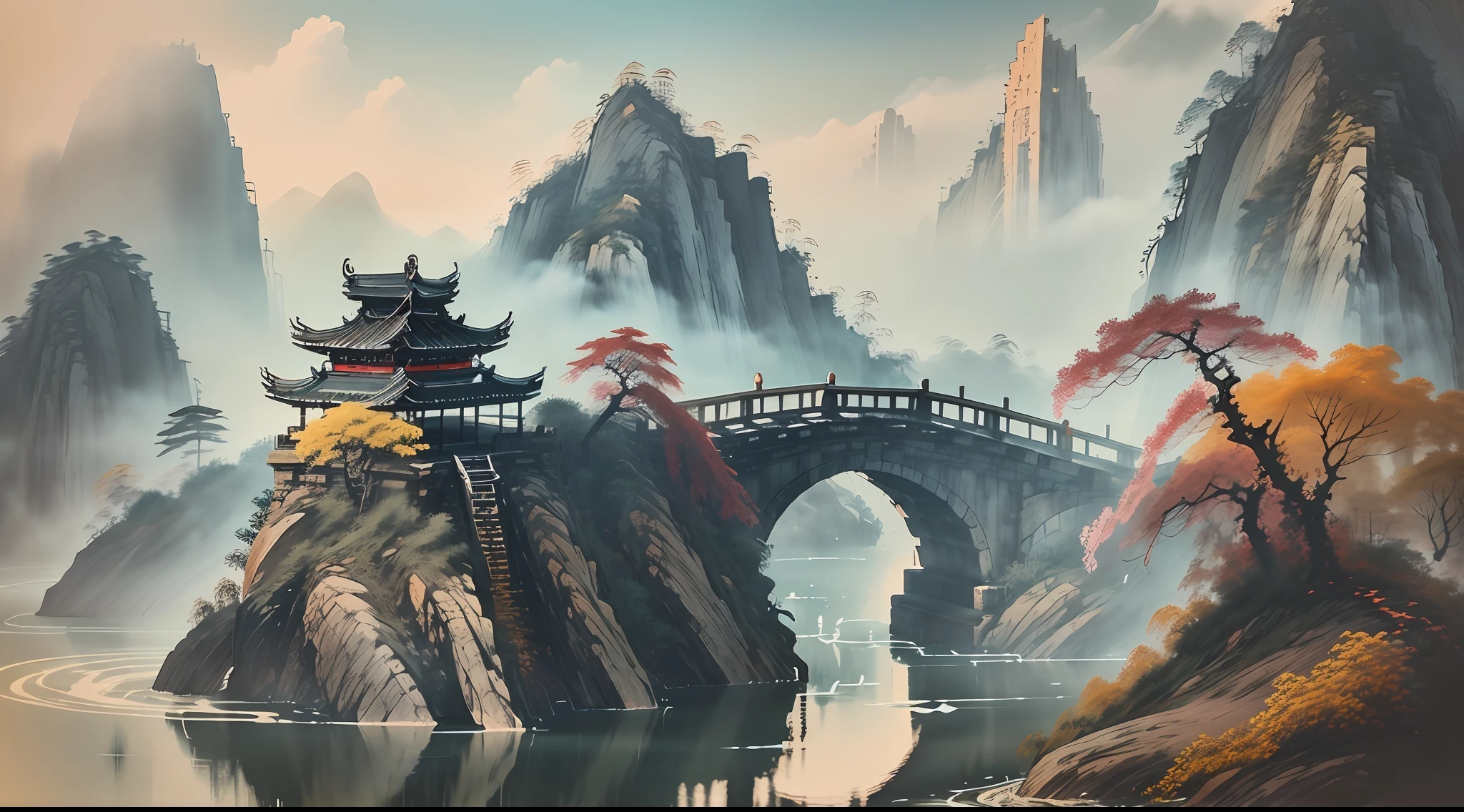 Jinyong Wushu、sunlights、Ink painting style、pretty colors、Decisive cut、Blank space、freehand、masterpiece、ultra-detailliert、Magnificent composition、hightquality、top-quality、pixer style、Hypersaturated、surreal、Ancient Chinese landscape inspired by art germ、ancient buildings、Pavilion、Carved beams and painted buildings、Beautiful mountains and rivers 、Beautiful Girl Swordsman、Make people bigger --auto --v 6