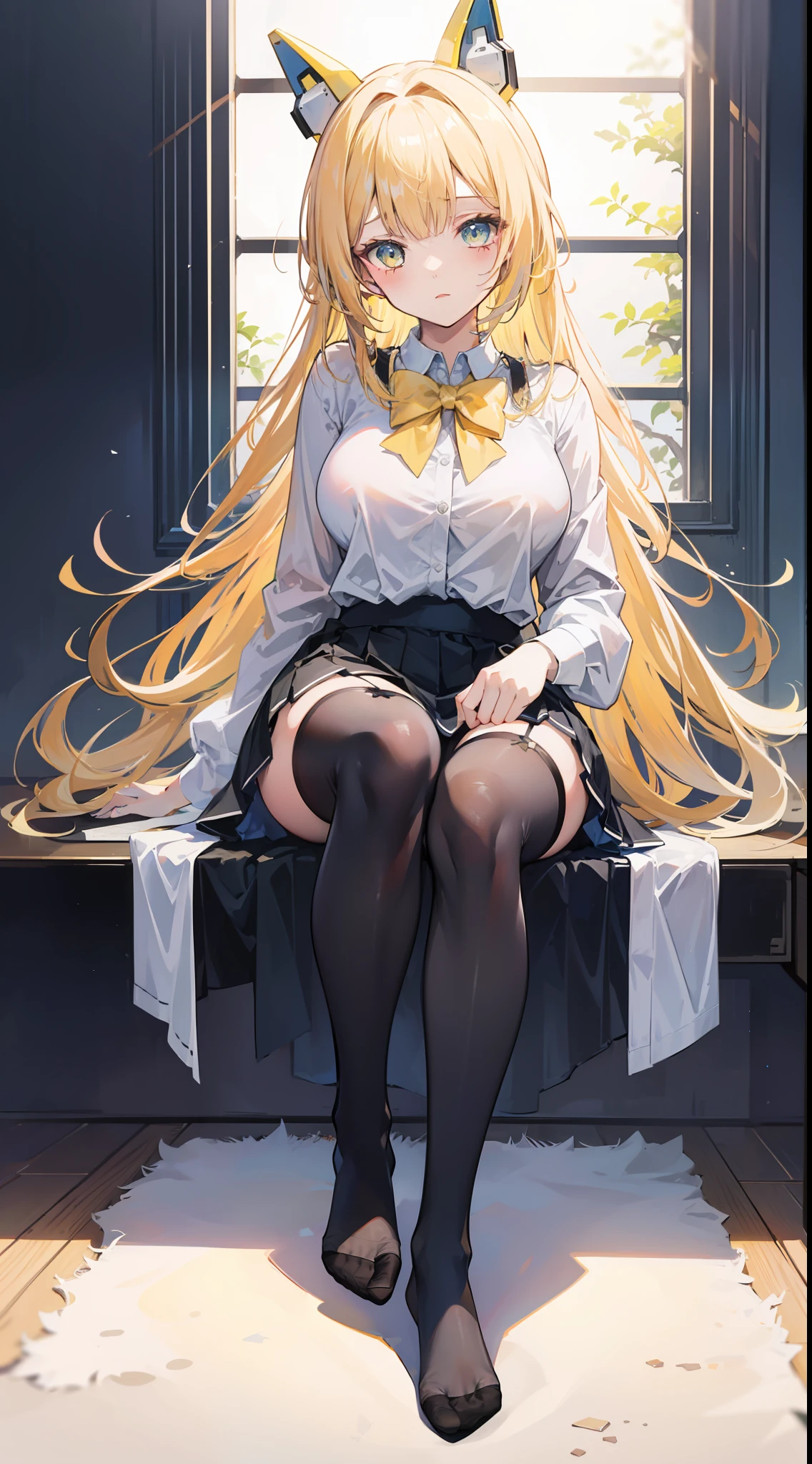 Masterpiece((tmasterpiece)),(white short blouse),((black micro skirt)),((White transparent stockings)),(No shoes on),adolable,Raised sexy,is shy,(Long yellow)Hair,Yellow bow tie,(head gear),long leges