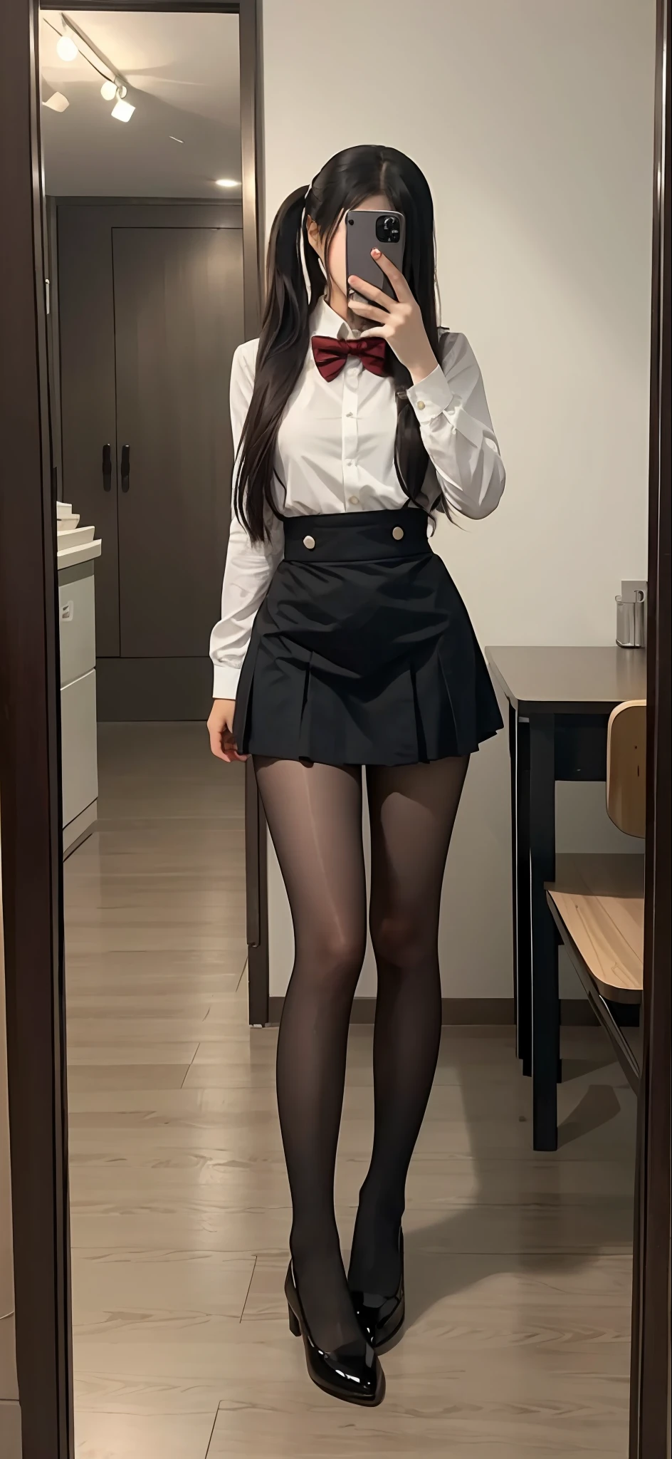 there is a woman that is taking a selfie in a mirror, Ultra-high pixel，8K分辨率，Real images，She has double ponytail hair，JK school uniform, girl in uniform, wearing rr diner uniform, Coveralls, Kantai collection style, The black and white uniform color match well, Maid outfit, sakimichan, girls frontline style, Girls' uniform, japanese girl school uniform, year 2447, Japanese school uniform, wearing  shirt, Outfit: puff, e - girl