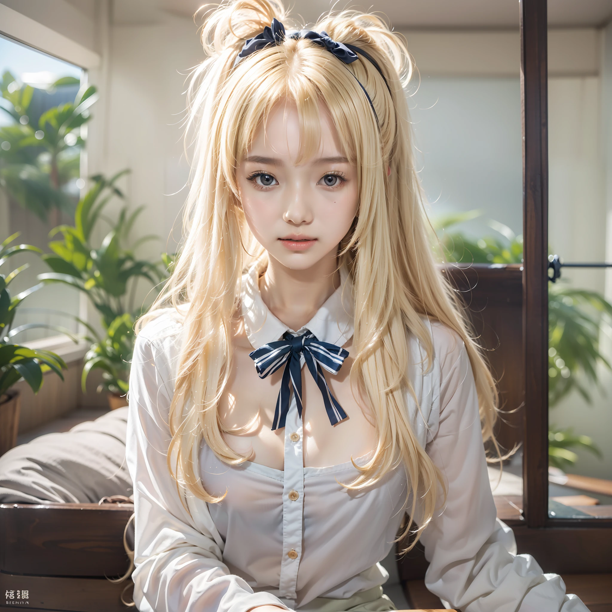ChineseGirl,18yr old,blond hairbl,long whitr hair,By bangs,White color blouse,blue bow,Brush your hair with your hands,Black eyes,in a school,Luxurious bedroom,sit on chair, lamplight