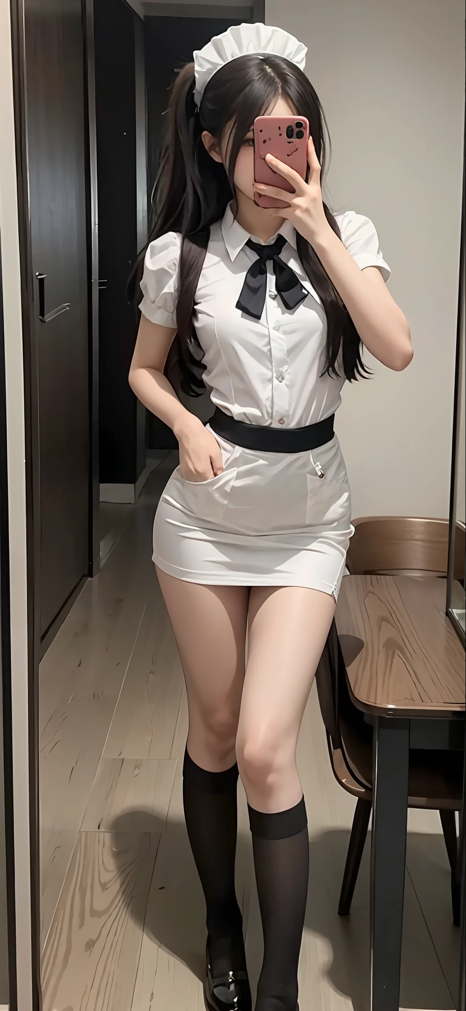 there is a woman that is taking a selfie in a mirror, Ultra-high pixel，8K分辨率，Real images，She has double ponytail hair，JK school uniform, girl in uniform, wearing rr diner uniform, Coveralls, Kantai collection style, The black and white uniform color match well, Maid outfit, sakimichan, girls frontline style, Girls' uniform, japanese girl school uniform, year 2447, Japanese school uniform, wearing  shirt, Outfit: puff, e - girl