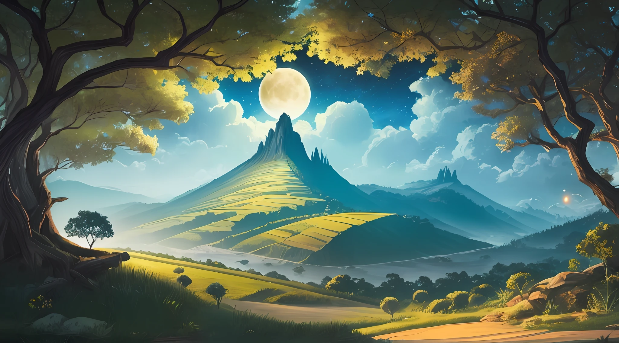 A nocturnal landscape within the mystical real, montanhas ao fundo e uma lua, efeito desenho infantil, cores fortes, alto contraste, natureza exuberante