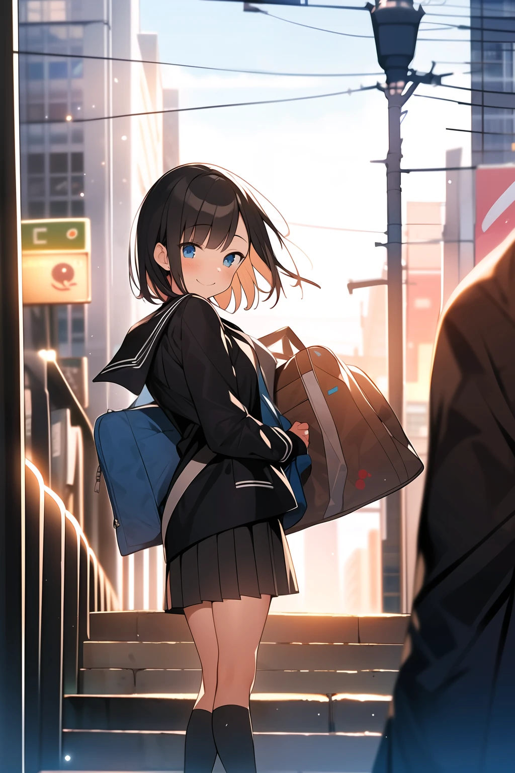 1girl,city,blue backlight bokeh,smile,mature,sunlight,blone,short jacket,school uniform,hoodie,short hair,floating hair