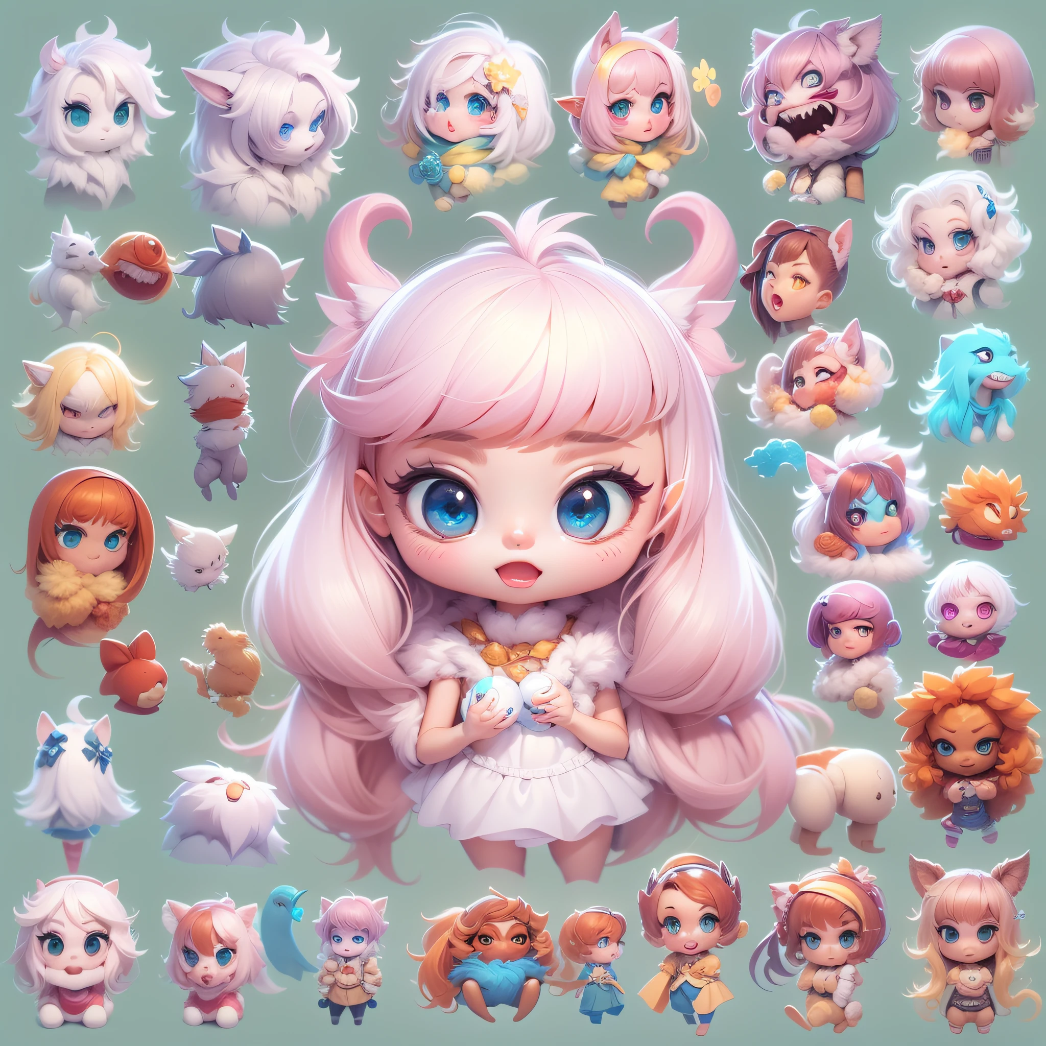 Masterpiece,High Quality,High resolution,The highest resolution,White background,solid color background,transparent background,no background,remove background,Complicated details,Highest quality,game icon,game icon institute,cartoon_style,full body,Cute Fluffy Barbie Monster,all separated