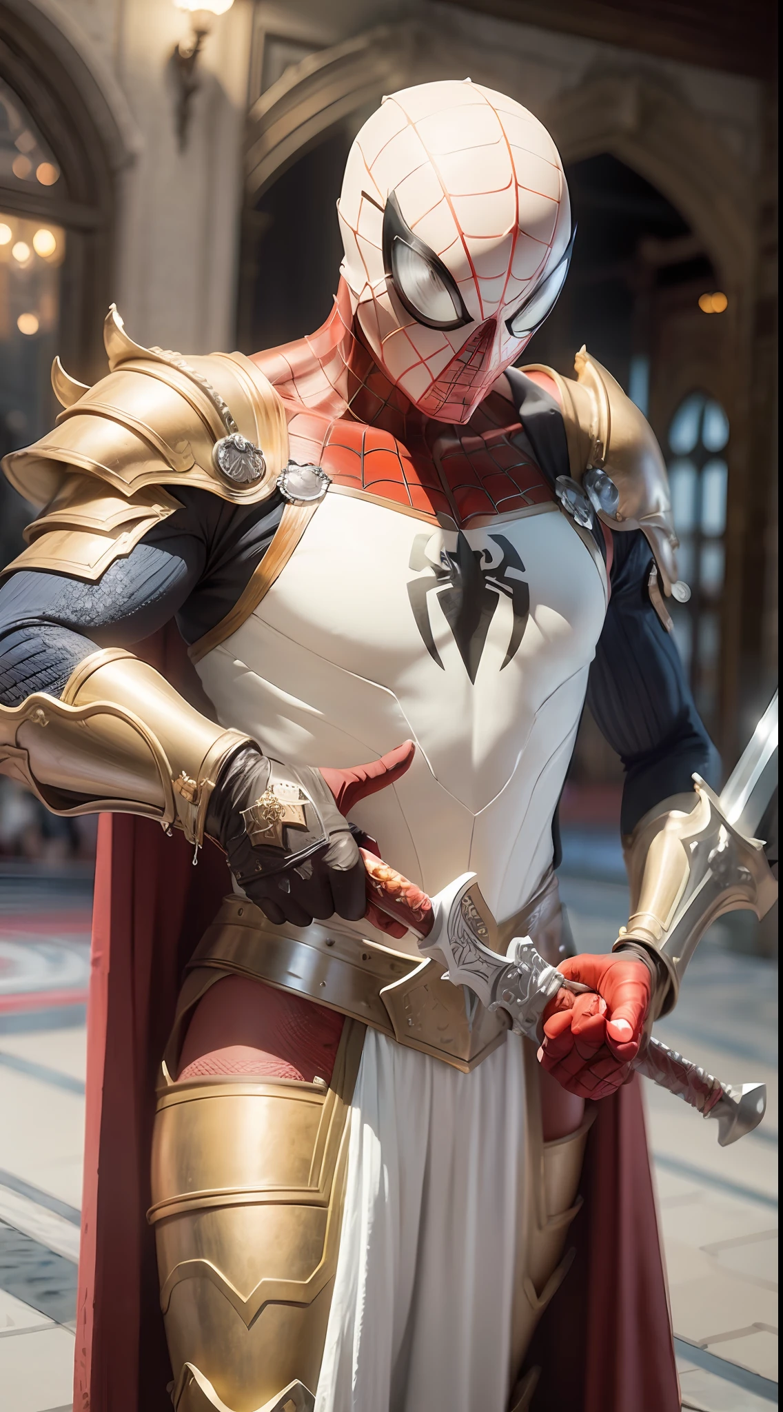 midjourny-v5 style "ANCIENT SPIDERMAN, (Best quality),(masterpiece),(ultra detailed),(high detailed),(extremely detailed),God holding a giant sword in his hands, high fantasy, cosmic, cosmic effects, big impact, 4k, dark souls, luxurious detailed character art, ultra realistic, 32k, ,luxurious cinematic colour quality, unique and mesmerizing armor. --auto