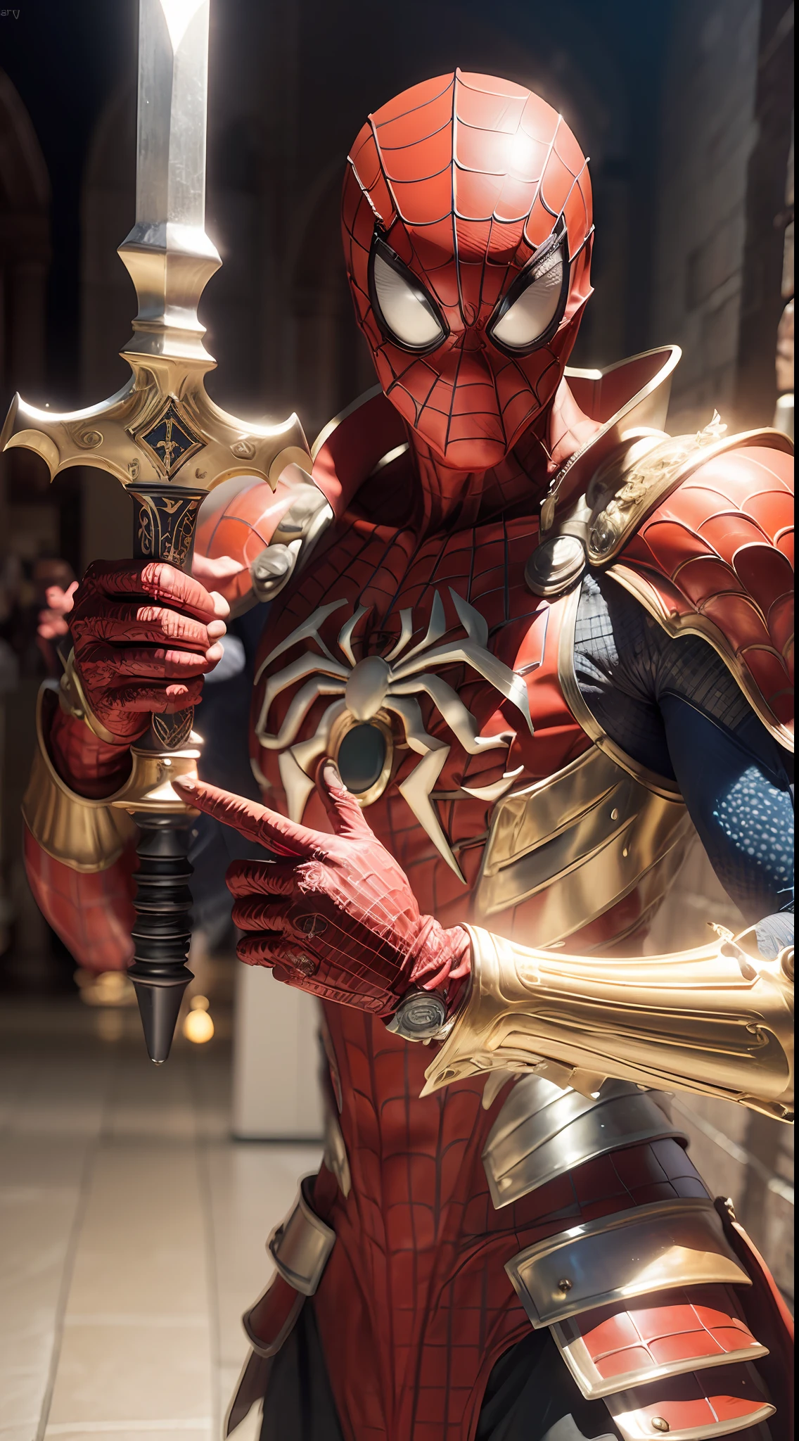 midjourny-v5 style "ANCIENT SPIDERMAN, (Best quality),(masterpiece),(ultra detailed),(high detailed),(extremely detailed),God holding a giant sword in his hands, high fantasy, cosmic, cosmic effects, big impact, 4k, dark souls, luxurious  detailed character art, ultra realistic, 32k, ,luxurious cinematic colour quality, unique and mesmerizing armor. --auto