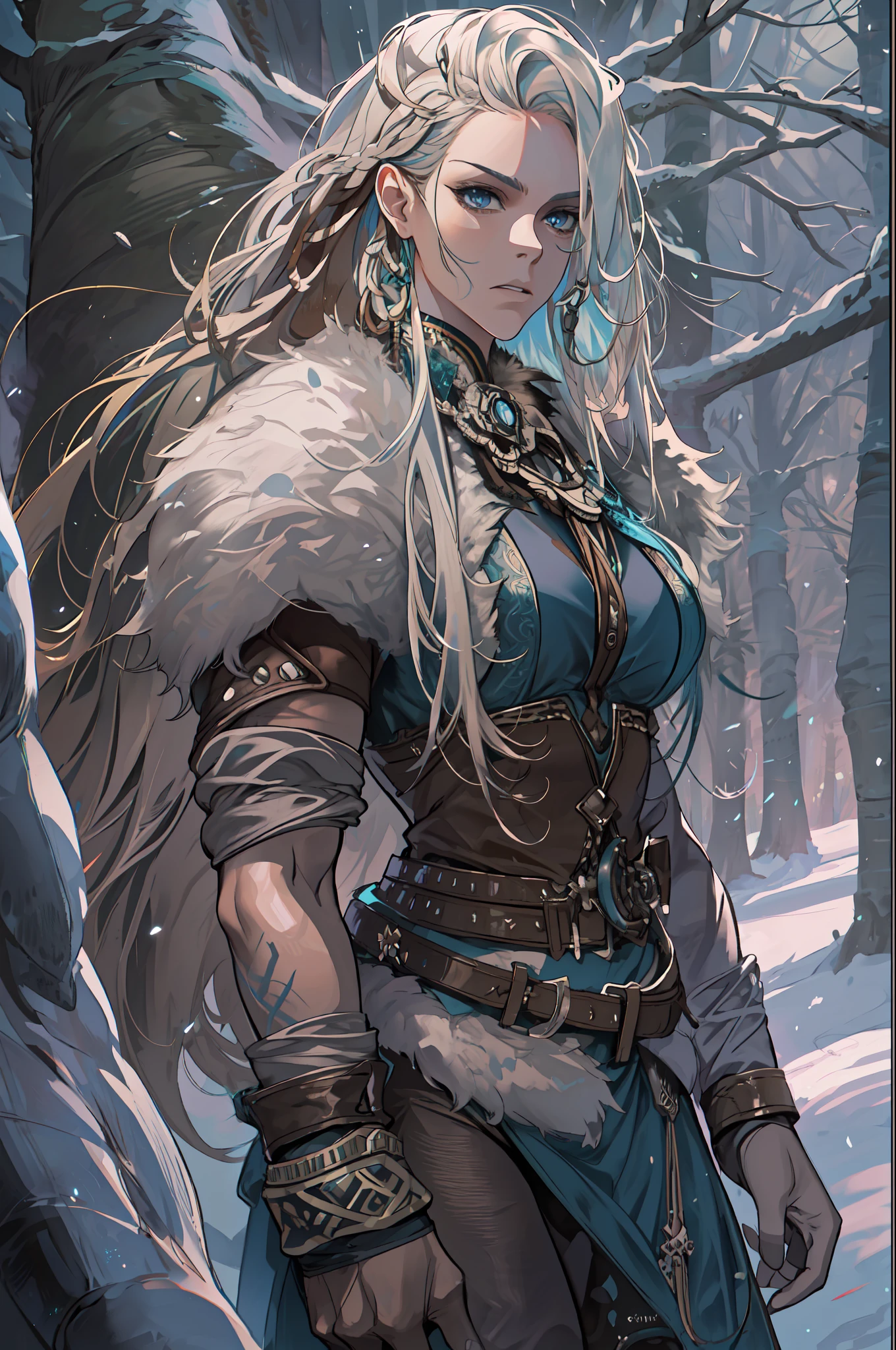 Female viking, (young:1.2), (muscular:1.2), fit, wearing brown furs and hides, (wearing furs:1.3) (blue norse tattoos:1.2), blue eyes, platinum blonde hair, (Dreadlocks:1.4), (Dreads:1.4), (Sideshave:1.4), warrior hair, Setting is a Scandinavian forest in winter, snow, bare arms, exposed naval, (abs:1.2). Highly detailed, norse, berserker, arm muscles, leg muscles, (bulky:1.2), leather straps, (large breasts:1.3), waist up, wide waist, stocky, (tall:1.4), Create an image using a prism effect, with light refracting and creating a colorful, kaleidoscopic appearance. BREAK , Design an image with a fisheye lens effect, capturing a wide field of view with a distinctive, curved perspective. BREAK , Capture a forest path, with towering trees, dappled sunlight, and a sense of tranquility and natural beauty. BREAK , Illustrate a monochromatic world, using only shades of black, white, and gray to convey depth, emotion, and a striking visual impact.