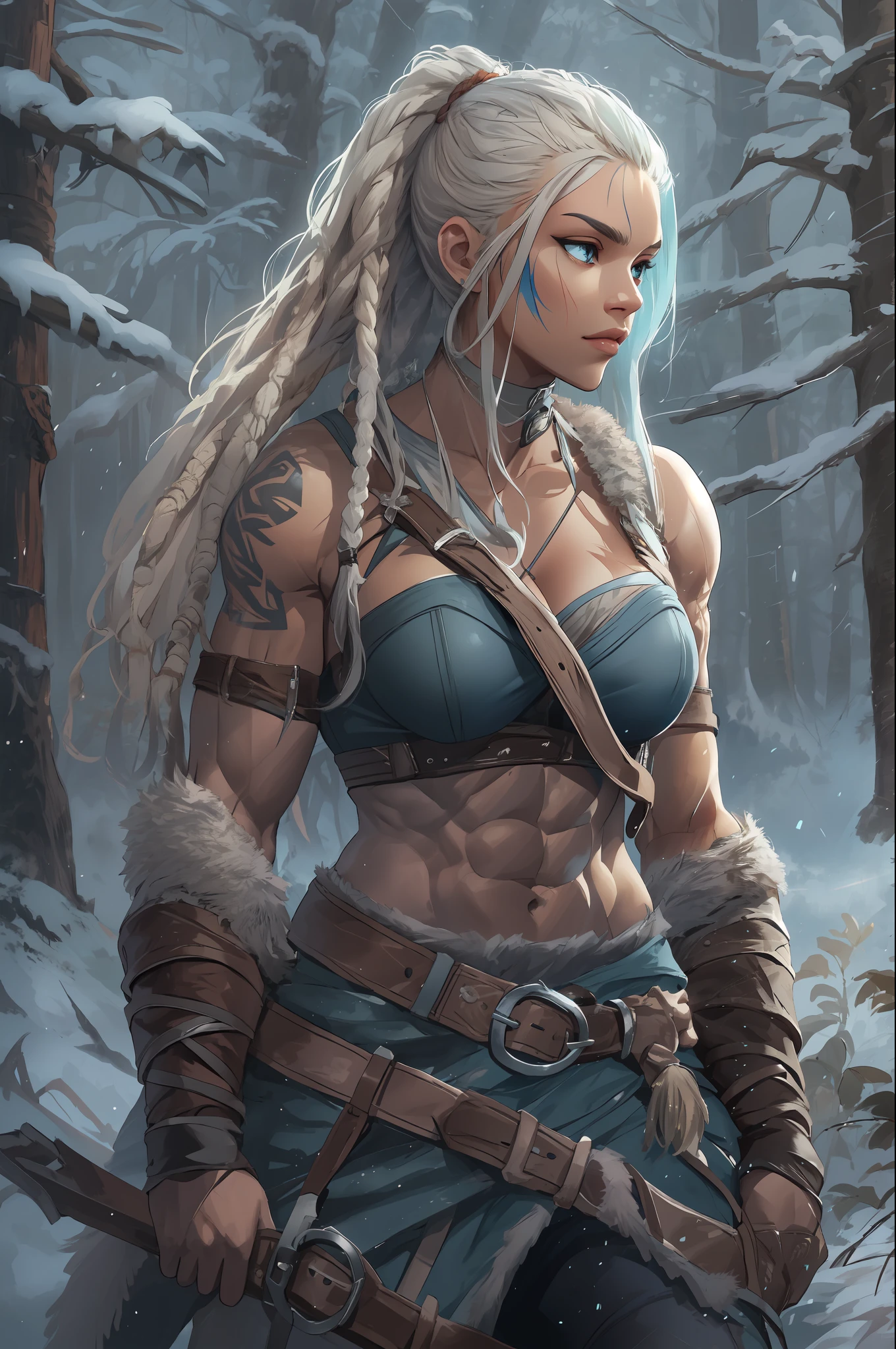 Female viking, (young:1.2), (muscular:1.2), fit, wearing brown furs and hides, (wearing furs:1.3) (blue norse tattoos:1.2), blue eyes, platinum blonde hair, (Dreadlocks:1.4), (Dreads:1.4), (Sideshave:1.4), warrior hair, Setting is a Scandinavian forest in winter, snow, bare arms, exposed naval, (abs:1.2). Highly detailed, norse, berserker, arm muscles, leg muscles, (bulky:1.2), leather straps, (large breasts:1.3), waist up, wide waist, stocky, (tall:1.4), Create an image using a prism effect, with light refracting and creating a colorful, kaleidoscopic appearance. BREAK , Design an image with a fisheye lens effect, capturing a wide field of view with a distinctive, curved perspective. BREAK , Capture a forest path, with towering trees, dappled sunlight, and a sense of tranquility and natural beauty. BREAK , Illustrate a monochromatic world, using only shades of black, white, and gray to convey depth, emotion, and a striking visual impact.