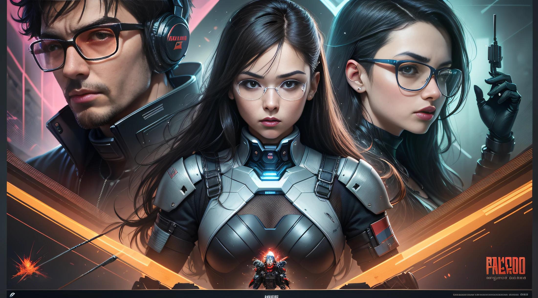 "Poster for an epic movie that combines elements of a video editor boy and a hacker girl, together with artificial intelligence robots. This dynamic poster showcases a professional artistic style reminiscent of Hollywood, capturing the thrilling emotion and adventure of the story. The central image features the video editor boy with his slightly long, dark hair, and the hacker girl with her dark, caramel-colored hair, dressed in dark attire. The girl stands out with her unique technological glasses that have red lights, adding an intriguing touch to her character. They are depicted united in a fierce battle against the domineering robots. The surrounding artificial intelligence robots create an atmosphere of intense tension and action. The colors and composition of the poster reflect the epic tone of the movie, while the overall design incorporates visually impressive elements. With its striking visuals, this poster is bound to captivate viewers and ignite their curiosity to experience the film. It truly pays homage to the cinematic style of Hollywood!"