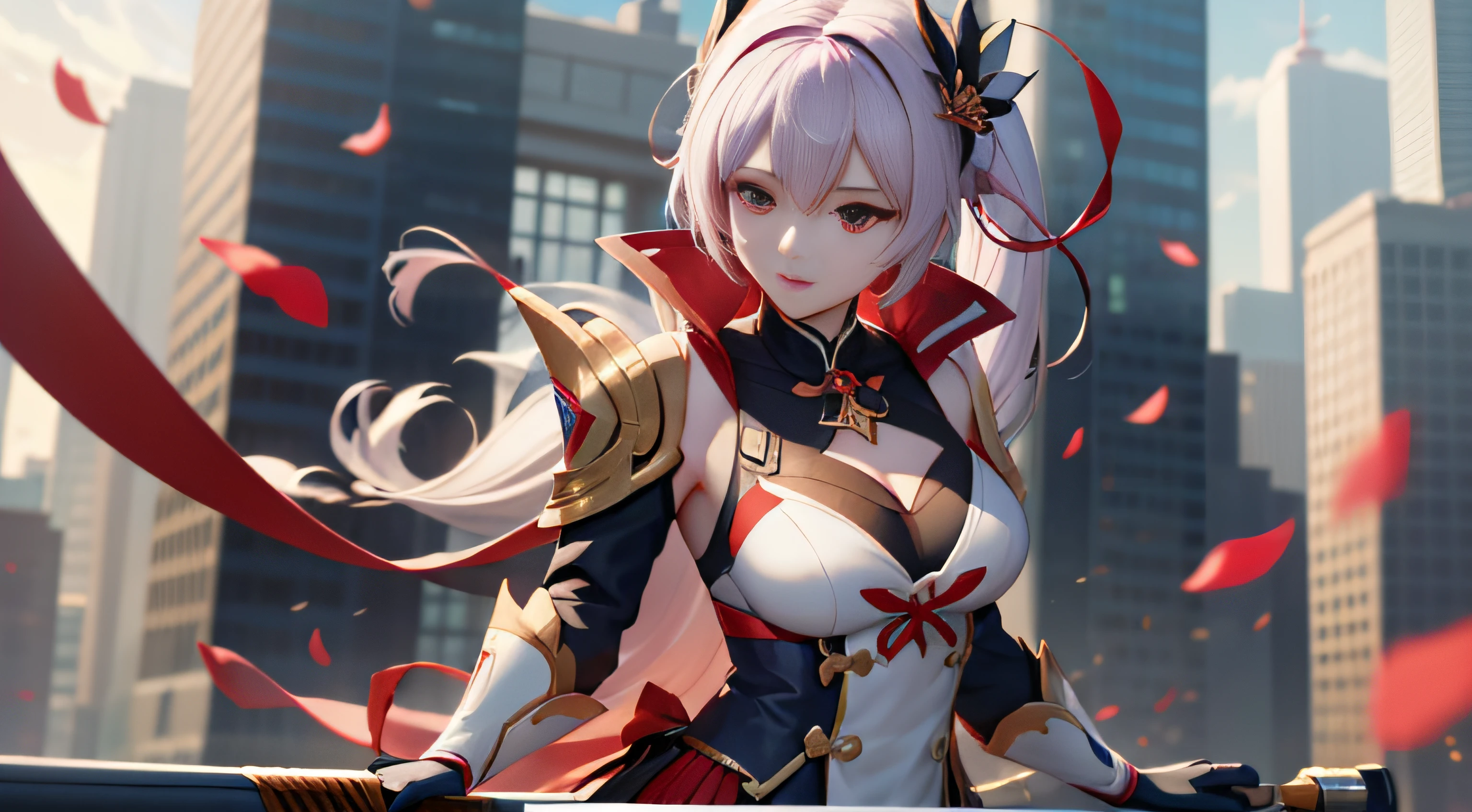 Highest image quality,Outstanding details,超高分辨率,(Fidelity:1.4), Favor the details, He has a delicate and beautiful face, Close-up of a woman standing on a platform with a sword, A scene from the《Honkai 3rd 》videogame, 《Honkai 3rd 》styled, 《Honkai 3rd 》The role setting of Thunder's lawyer, Tachi, Red Japanese oni armor, Two floating robotic arms on the back hold Japanese taiko drums, Virtual Engine 5,Perfect detail rendering,rendering by octane,hyper HD