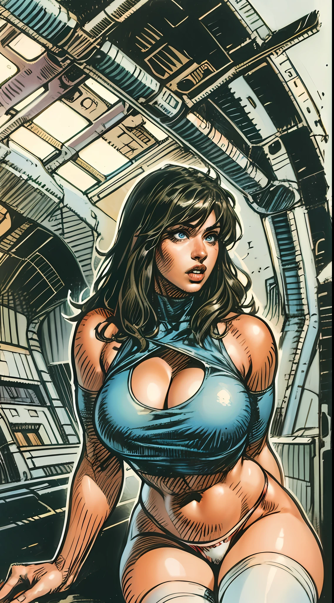 a masterpiece, best quality, hyperdetailed, woman showing off her boobs, (druuna), big boobs, dark blue eyes, bare shoulders, (white crop top), (white thighhighs), (red thong), full lips, cleavage, sexy pose, best quality, aroused, paolo serpieri art, luis royo art, milo manara art, Juan Gimenez art, spaceship interior background