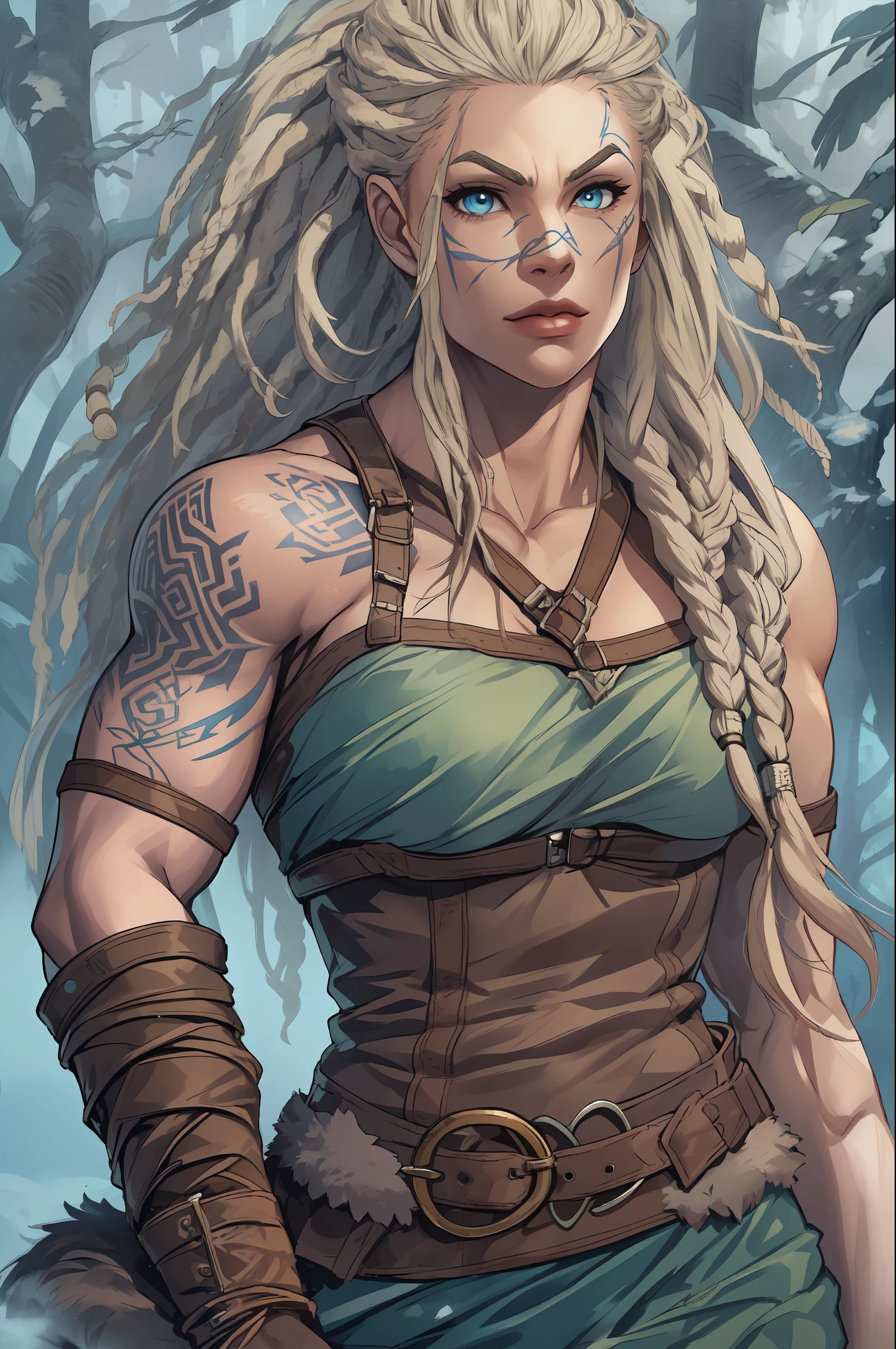 Female viking, (young:1.2), (muscular:1.2), fit, wearing brown furs and hides, (wearing furs:1.3) (blue norse tattoos:1.2), blue eyes, platinum blonde hair, (Dreadlocks:1.4), (Dreads:1.4), (Sideshave:1.4), warrior hair, Setting is a Scandinavian forest in winter, snow, bare arms, exposed naval, (abs:1.2). Highly detailed, norse, berserker, arm muscles, leg muscles, (bulky:1.2), leather straps, (large breasts:1.3), waist up, wide waist, stocky, (tall:1.4)