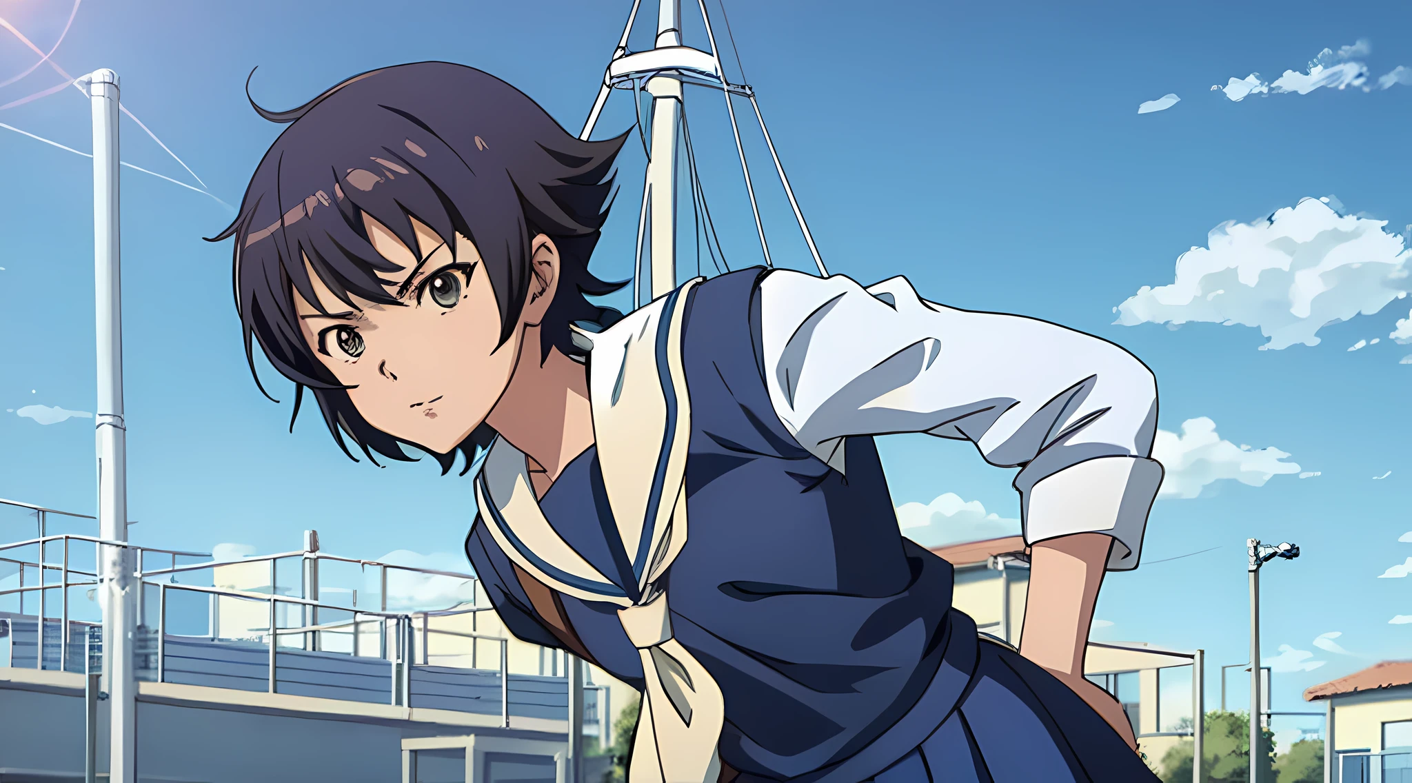 Shinkai Makoto style, 9 girl,pleasant
sailor suit,Randoseru
schoolyard,
