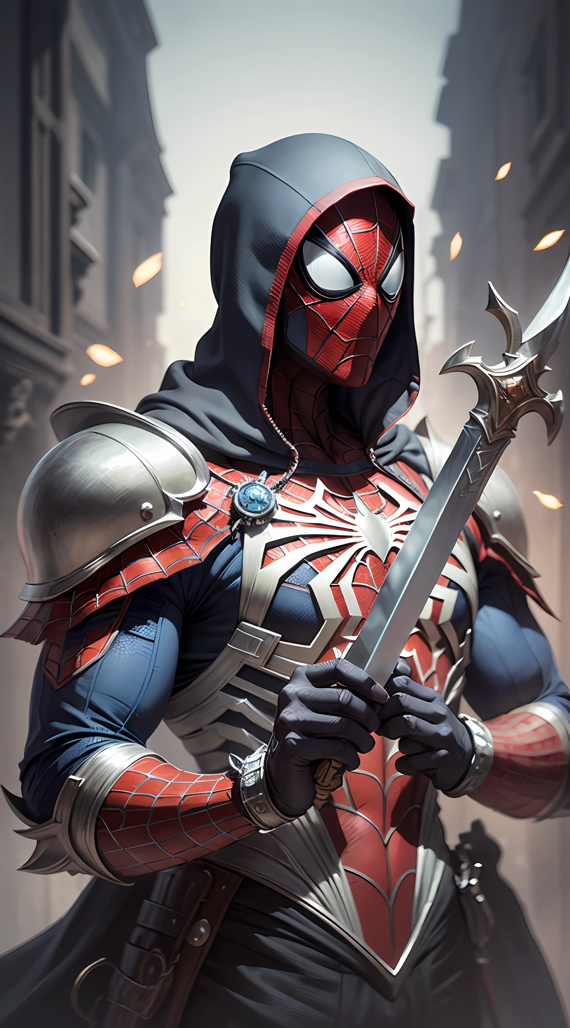 midjourny-v5 style "ANCIENT SPIDERMAN, (Best quality),(masterpiece),(ultra detailed),(high detailed),(extremely detailed),God holding a giant sword in his hands, high fantasy, cosmic, cosmic effects, big impact, 4k, dark souls, luxurious detailed character art, ultra realistic, 32k, ,luxurious cinematic colour quality, unique and mesmerizing armor. --auto