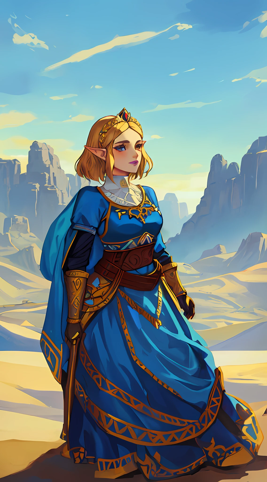 there is a woman in a blue dress standing in the desert, elf princess knight, portrait of princess zelda, princess zelda, zelda style art, zelda botw, botw style, portrait of zelda, alluring elf princess knight, zelda, breath of the wild art style, in opal armor, zelda with triforce, from legend of zelda, pale blue armor, wearing royal blue lipstick, wearing queen crown