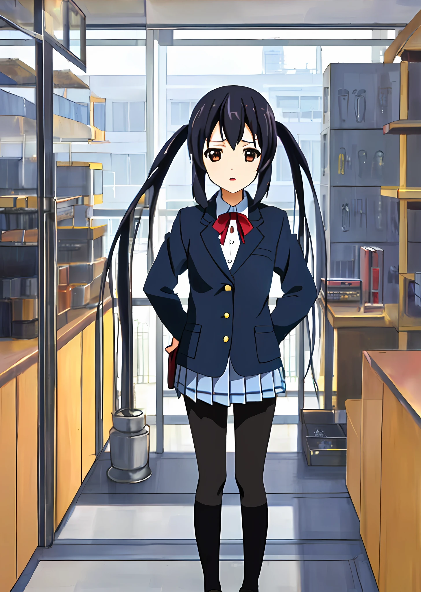 1girl, ((((Masterpiece))), Best Quality, Best Quality, High Detail, Azusa Nakano, 1girl, Sakuragaoka High School Uniform, Musical Instrument, School Uniform, Twin Tails, Long Hair, Black Hair, Brown Eyes, Solo, Red, Dark blue blazer with a thin ribbon of red, Solid white button shirt under blazer, Illustration, Cartoon, Soothing tones, Muted colors, Soft cinematic light, Adobe Lightroom, Photo Lab, HDR, complex and highly detailed, (((depth of field))))). (((Masterpiece))). (((highest quality))).) ((super detail))). (((Illustration))). (((外))).dynamic focus.small breasts. (((skyscrapers))). (((Cityscape))). (((Face of sadness))). open mouth. (((hands on hips))). (((Proud))).