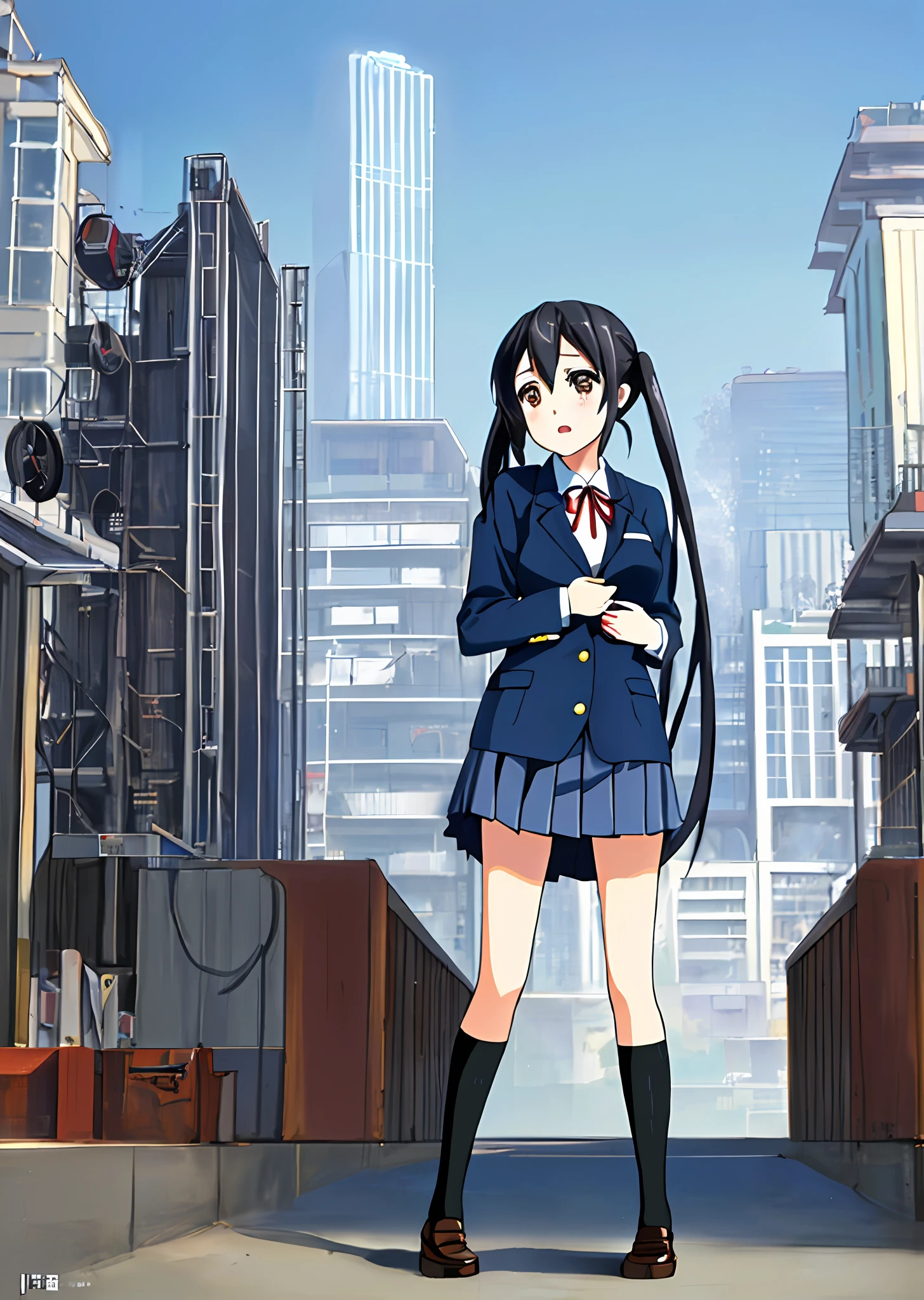 1girl, ((((Masterpiece))), Best Quality, Best Quality, High Detail, Azusa Nakano, 1girl, Sakuragaoka High School Uniform, Musical Instrument, School Uniform, Twin Tails, Long Hair, Black Hair, Brown Eyes, Solo, Red, Dark blue blazer with a thin ribbon of red, Solid white button shirt under blazer, Illustration, Cartoon, Soothing tones, Muted colors, Soft cinematic light, Adobe Lightroom, Photo Lab, HDR, complex and highly detailed, (((depth of field))))). (((Masterpiece))). (((highest quality))).) ((super detail))). (((Illustration))). (((外))).dynamic focus.small breasts. (((skyscrapers))). (((Cityscape))). (((Face of sadness))). open mouth. (((hands on hips))). (((Proud))).