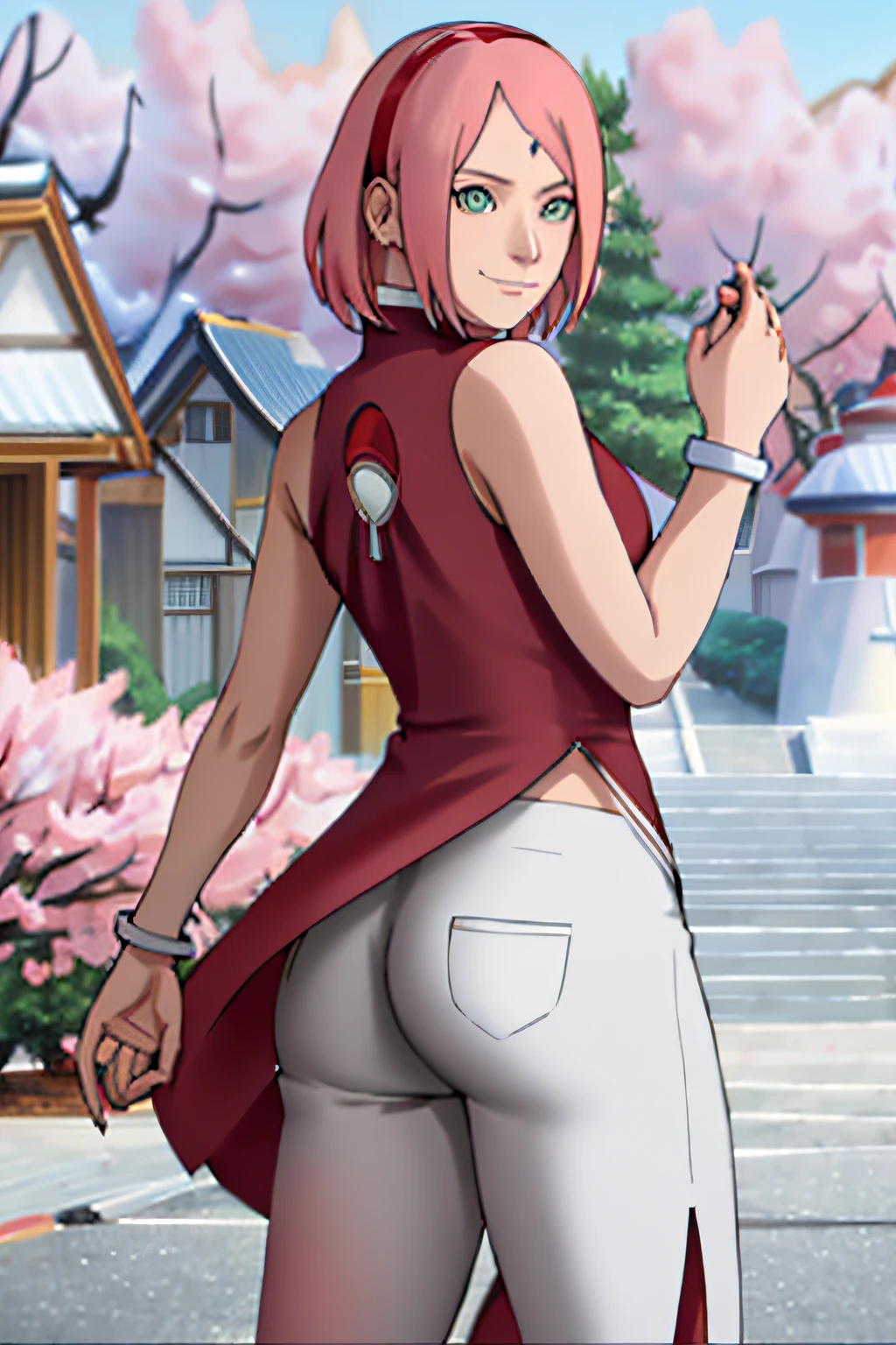 masterpiece, absurdres ,1girl, haruno sakura,forehead mark, red hairband, red sleeveless dress,bracelet,  from behind, white pants, (uchiha crest),  looking at viewer, outdoor, cherry blossoms, floating hair,   smile, cowboy shot, nice ass, perfect ass,