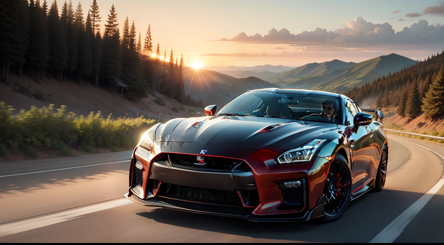 Red GT-R、Drive gracefully along endless roads、Towards the sunset. The evening sun bathes the surroundings with warm light, While the driver firmly grips the steering wheel. The scene exudes speed, Elegance and tranquility、Eta、Shows the beauty of the moment.
