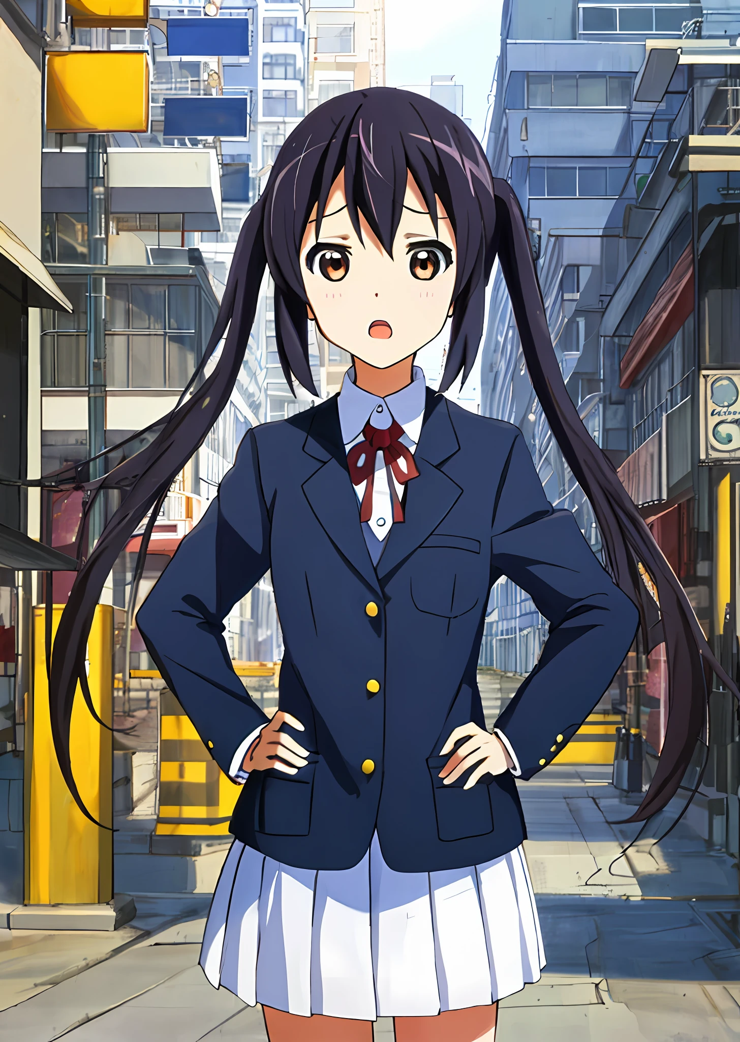 1girl, (((​masterpiece))), top-quality, top-quality, High Details, nakano azusa, 1girl, Sakuragaoka High School Uniform, musical instrument, student clothes, Twin-tailed, length hair, A dark-haired, brown-eyed, 独奏, reddish, Dark blue blazer with thin red ribbon, Solid white buttoned shirt under blazer, illustratio, comic strip, soothing tones, Subdued Color, Soft cinematic light, adobe lightroom, photolab, HDR, intricately and hyper-detailed、(((depth of fields))))。(((​masterpiece)))。(((top-quality))).)((ultra-detailliert)))。(((illustratio)))。(((takeout))).dynamic focus.Medium chest.(((Skyscrapers))).(((A city scape))).(((Face of sadness))). open mouth.(((put hands on the hip))).(((up chest))).