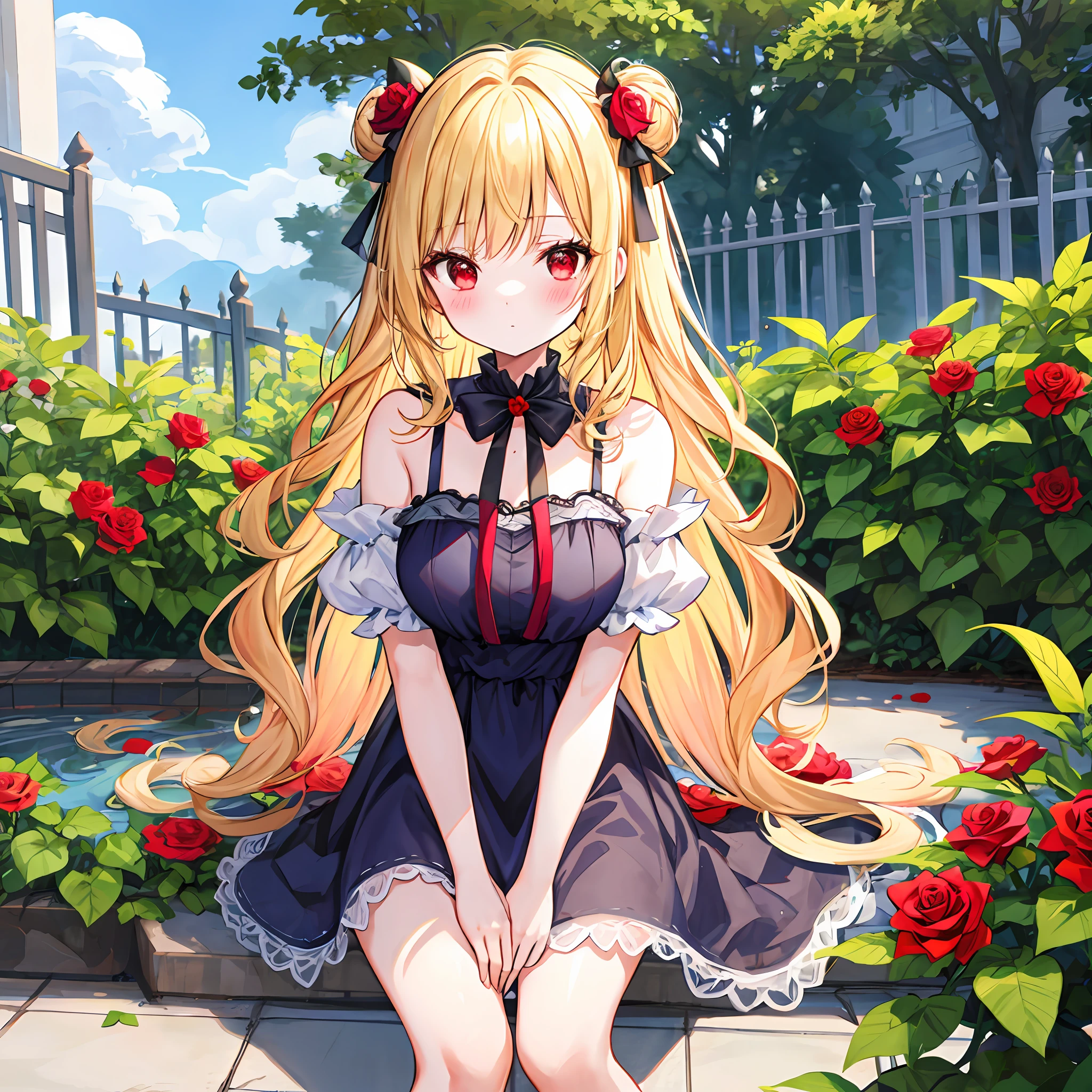 Wavy blonde girl、red eyes、独奏、red blush、doress、off shoulders、rose garden、sitting on
