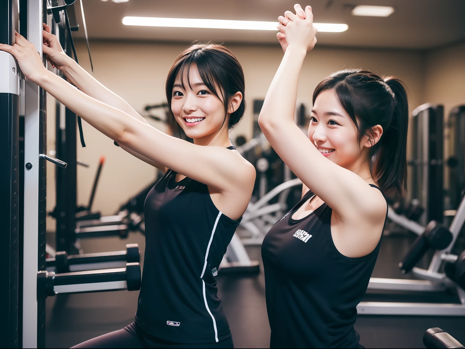 in the fitness gym, Japan Women, I don't have anything, Doing arm stretching exercises, black hair, light smile, Canon, UHD