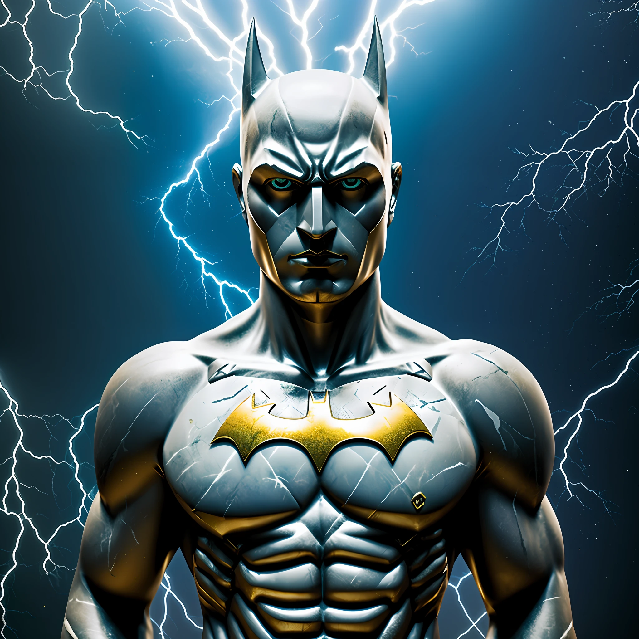 mdjrny-shttr, broken statue of batman made of (marble:1.1) with golden inlays with (blue lightnings:1.3) on background, floating stones from statue, hyper-realism, best quality hyper-realism, best quality